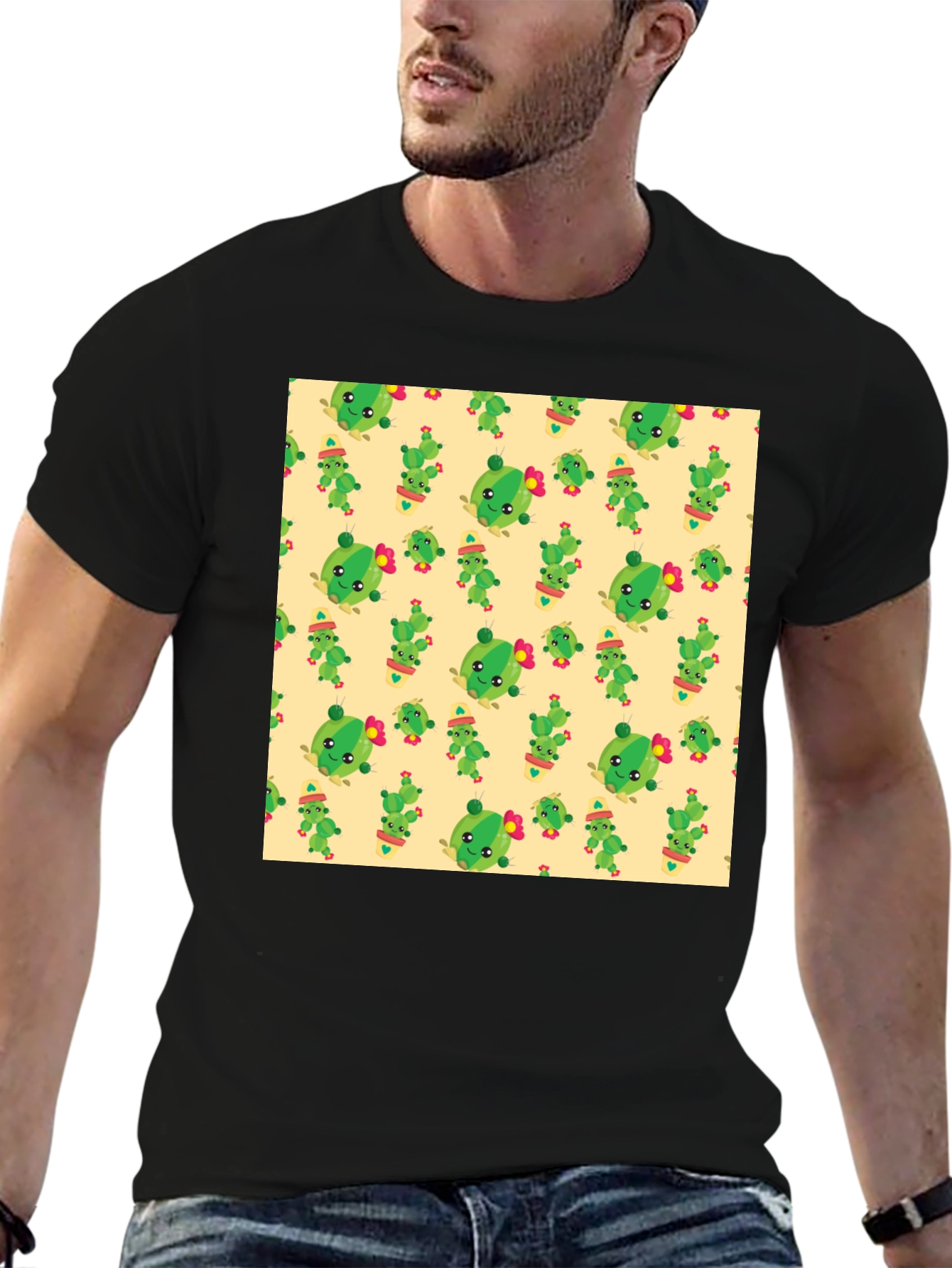 Black Cute Cactus Pattern Black T-Shirt view 6