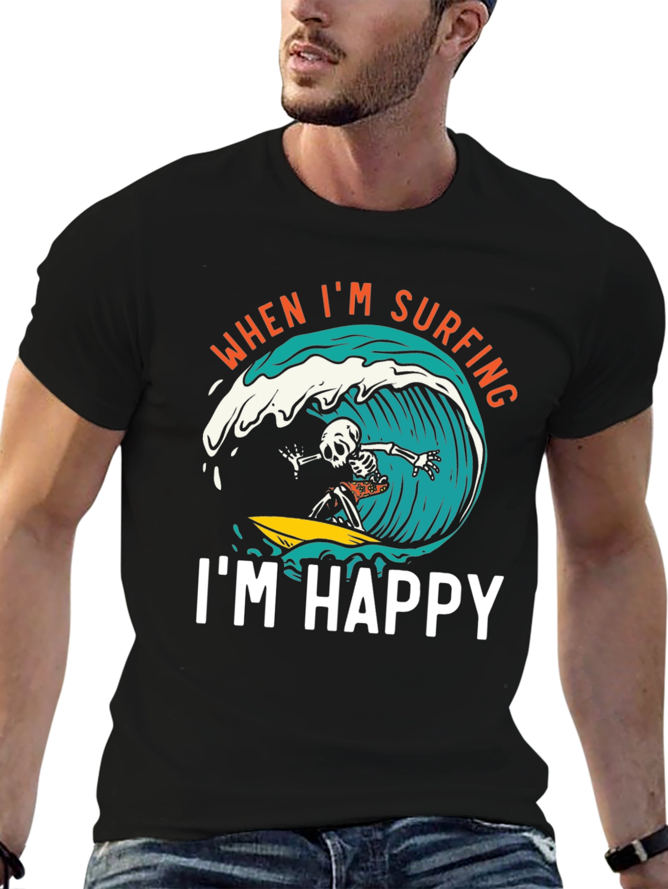 Surfing Skeleton Graphic Tee - "When I'm Surfing, I'm Happy" Black T-Shirt - 6