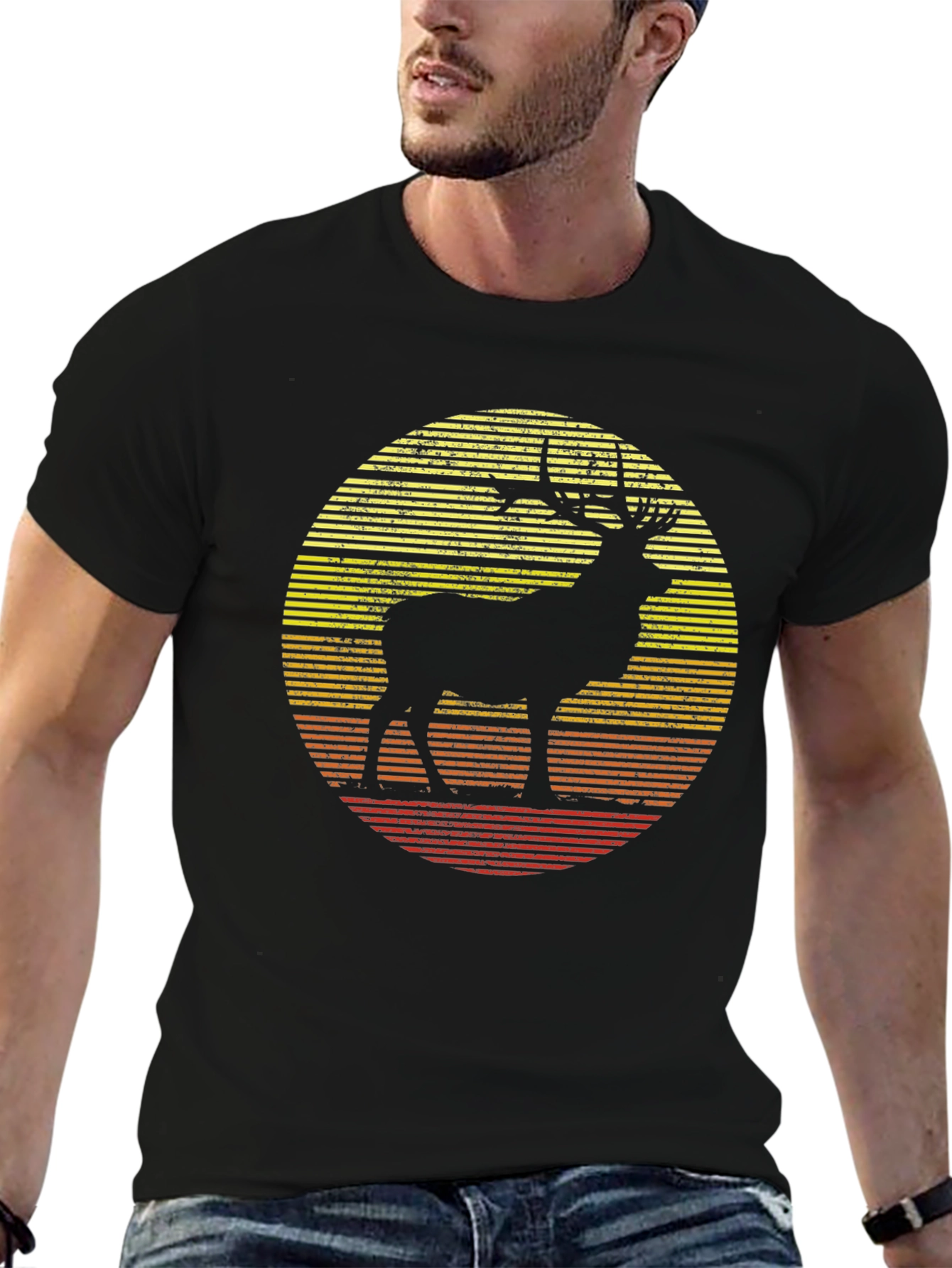 Black Retro Elk Sunset Graphic T-Shirt view 6
