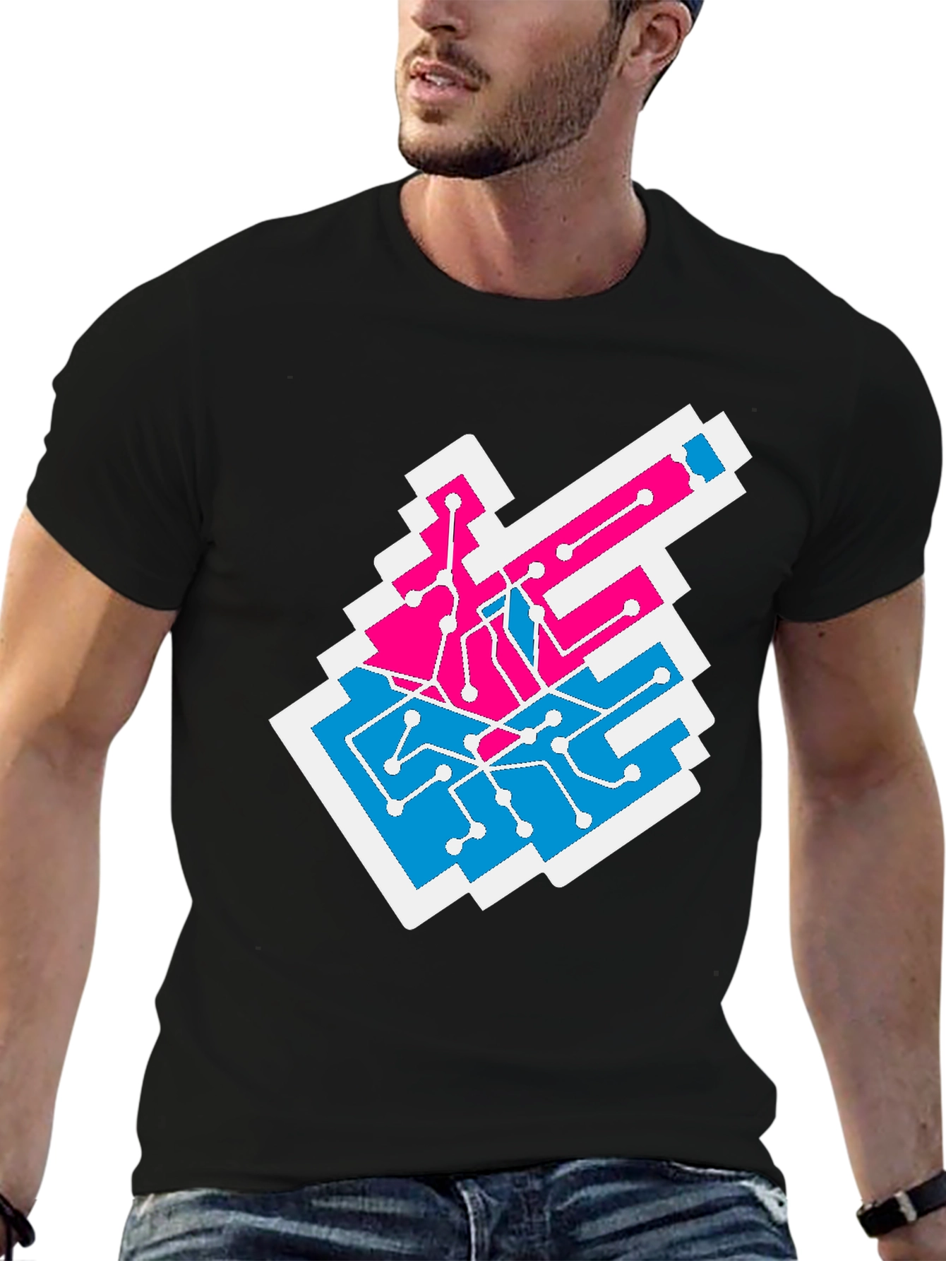 Black Circuit Board T-Shirt - Pink & Blue Tech Style view 6