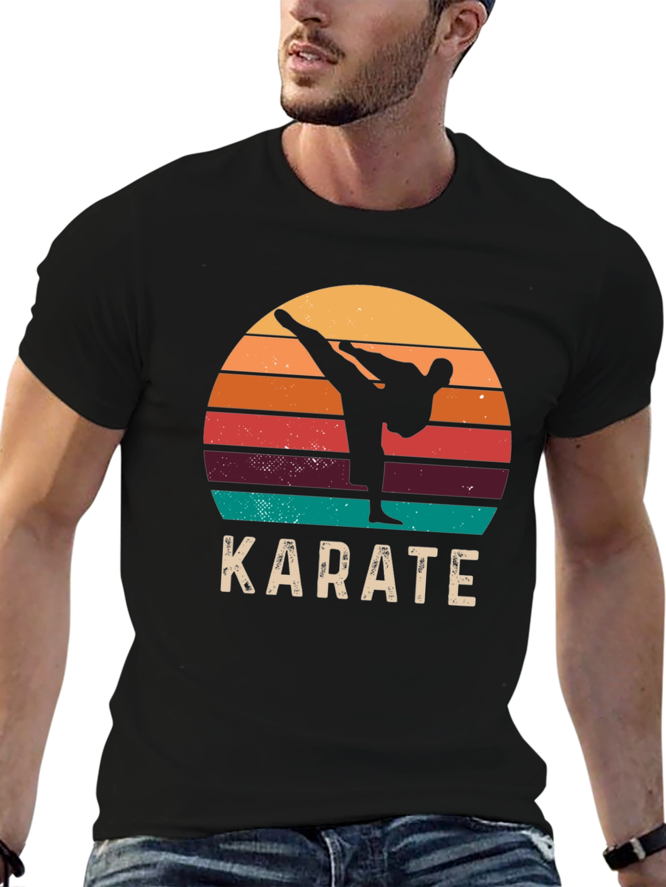 Black Karate Sunset T-Shirt Retro Style Martial Arts Tee view 6