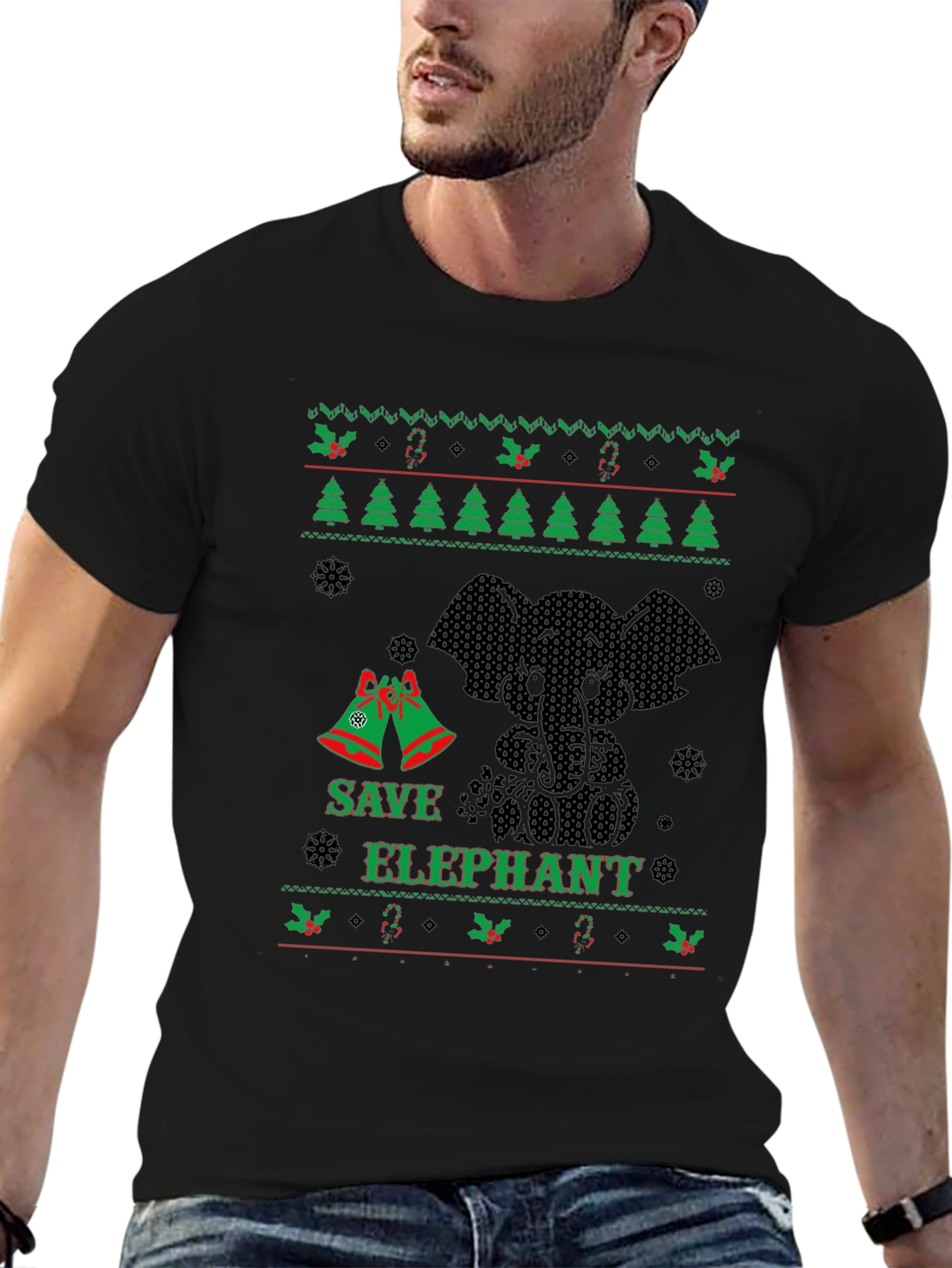 Black Save Elephant Ugly Christmas Sweater T-Shirt view 6