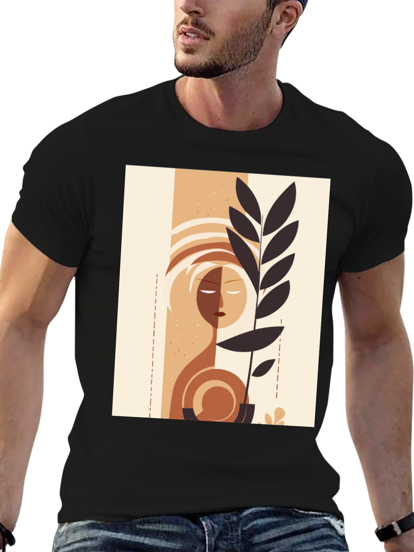 Black Abstract Face & Plant Graphic Tee - Stylish Minimalist Design view 6