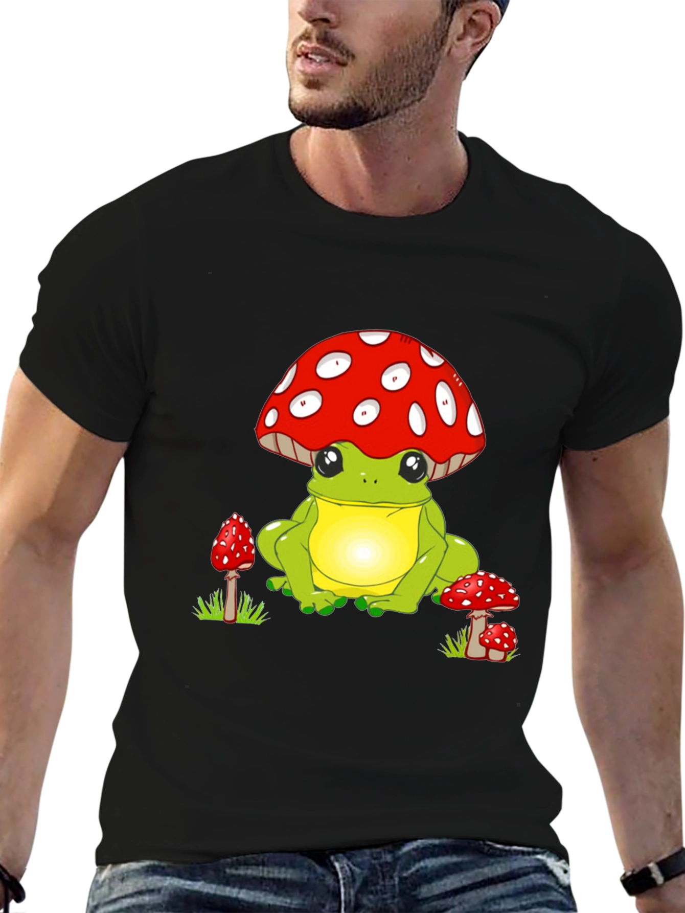 Black Frog Mushroom T-Shirt - Whimsical Design view 6