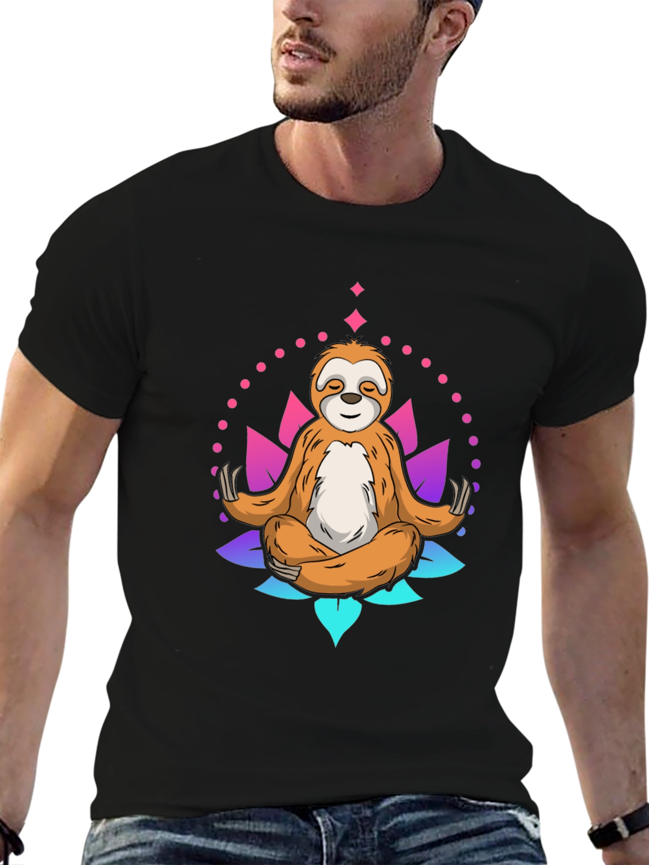 Black Meditating Sloth Graphic Tee - Relaxed Fit Black T-Shirt view 6