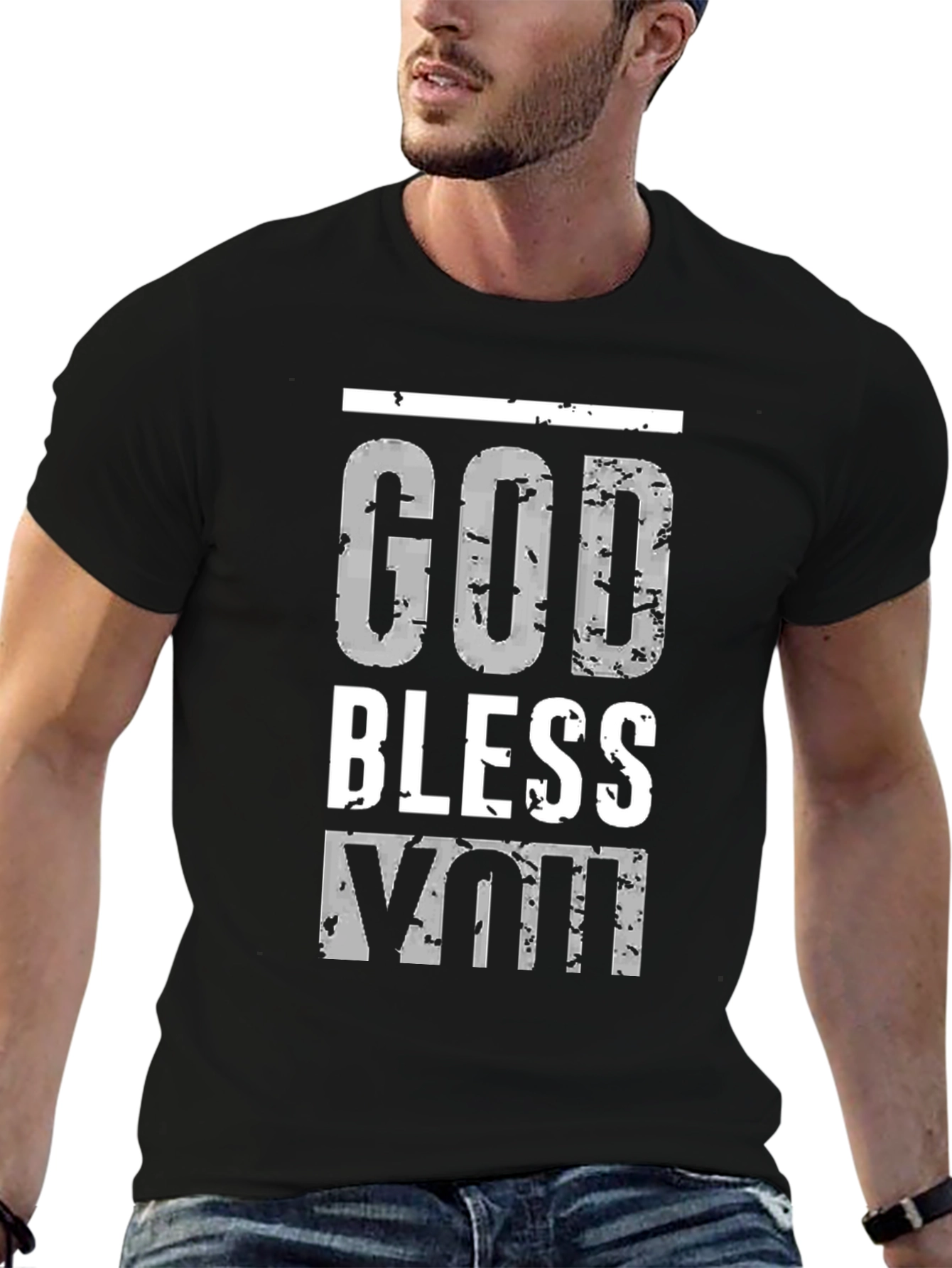 Black God Bless You Graphic Print Black T-Shirt view 6