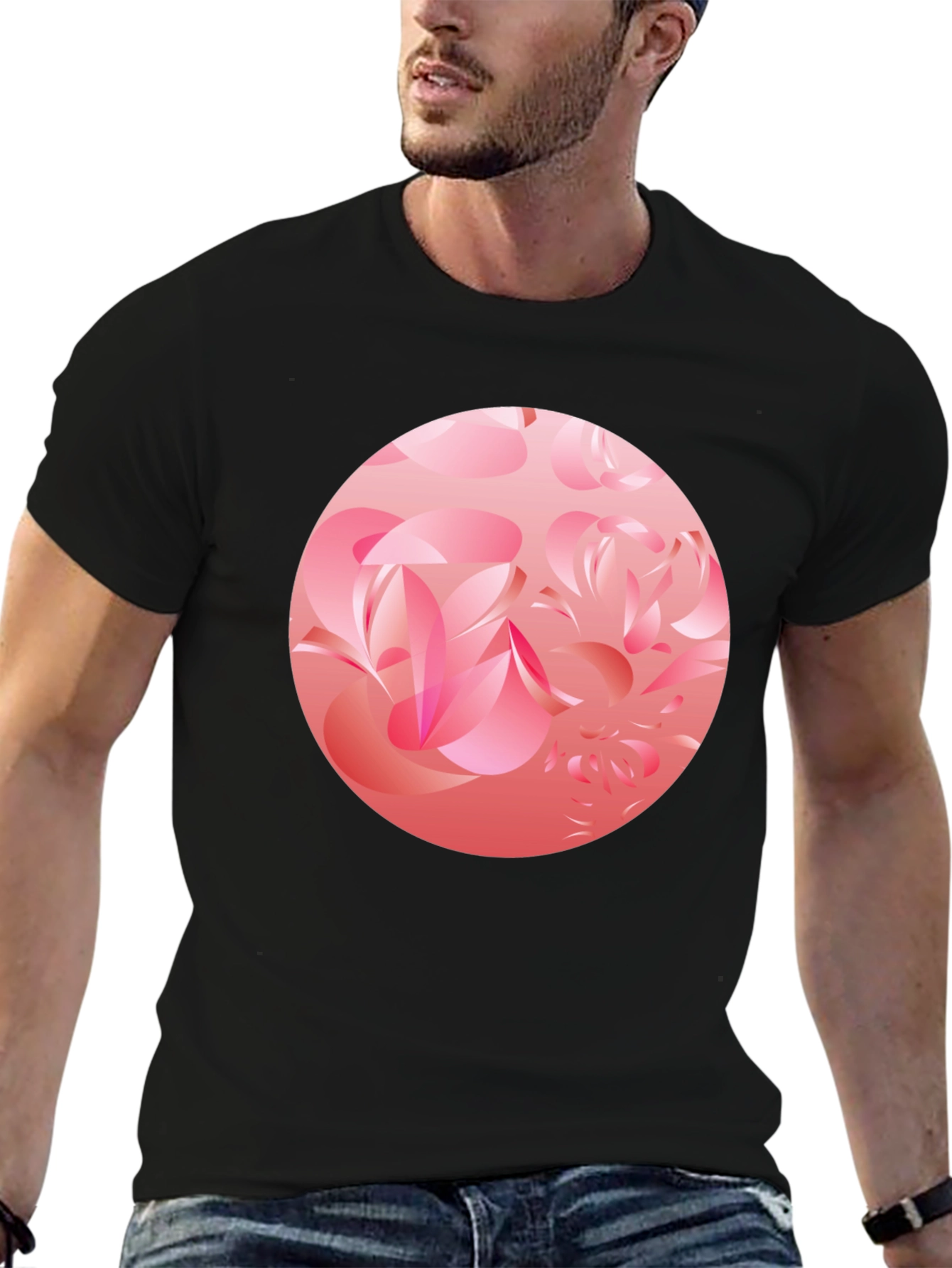 Black Abstract Floral Circle Black T-Shirt view 6