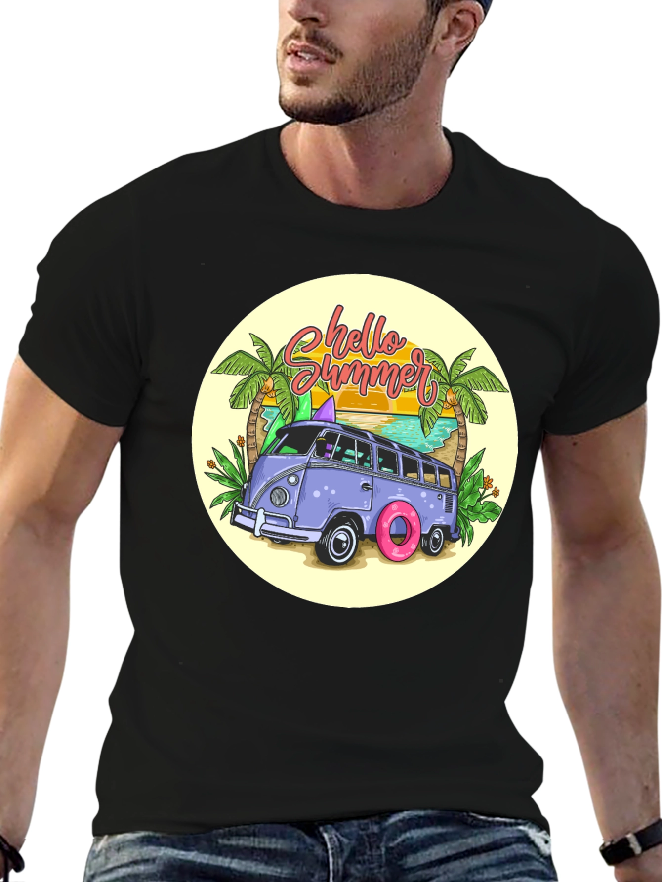 Black Summer Beach Van T-Shirt view 6