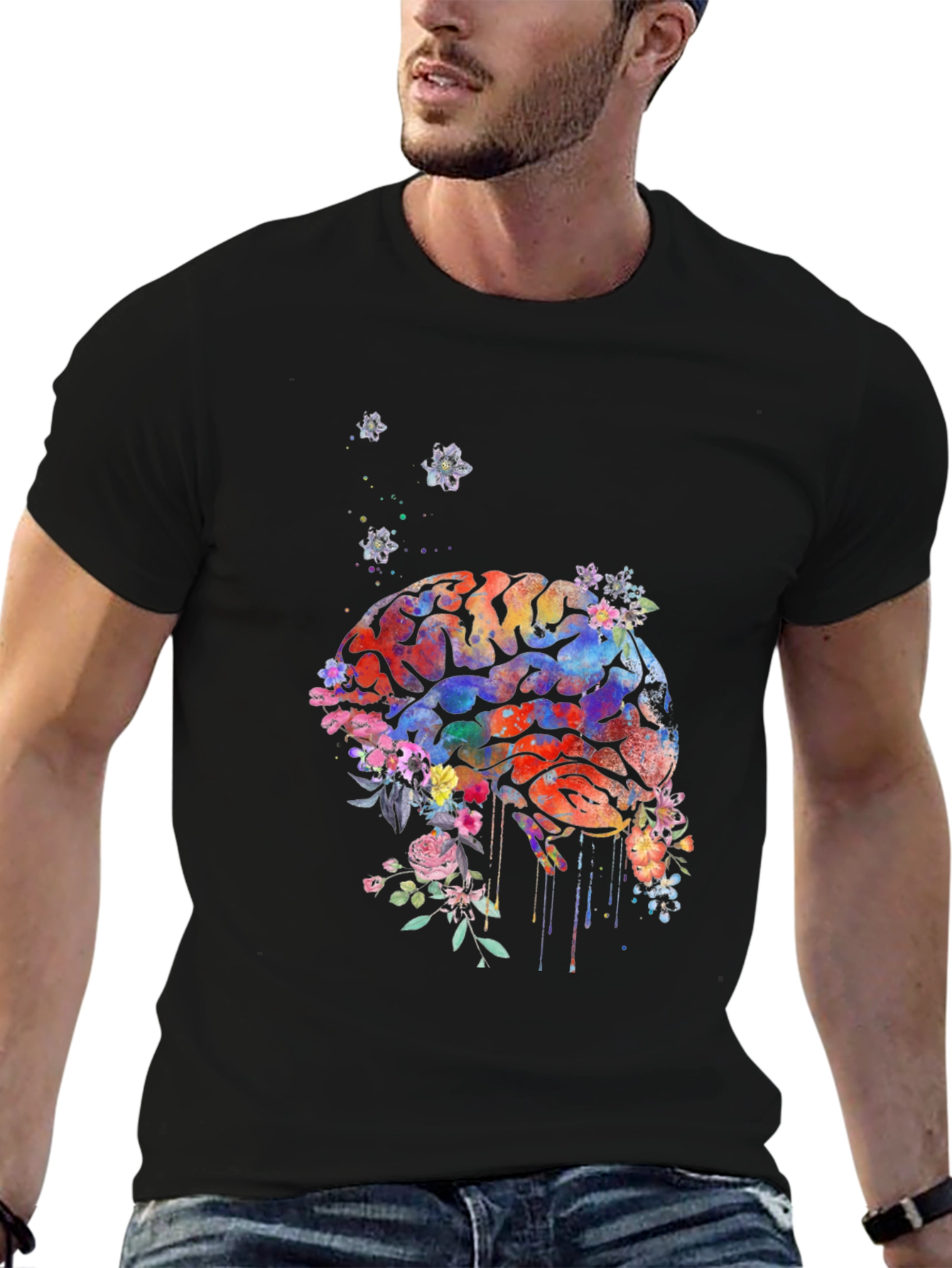 Black Brain Flowers T-Shirt - Artistic Graphic Tee view 6