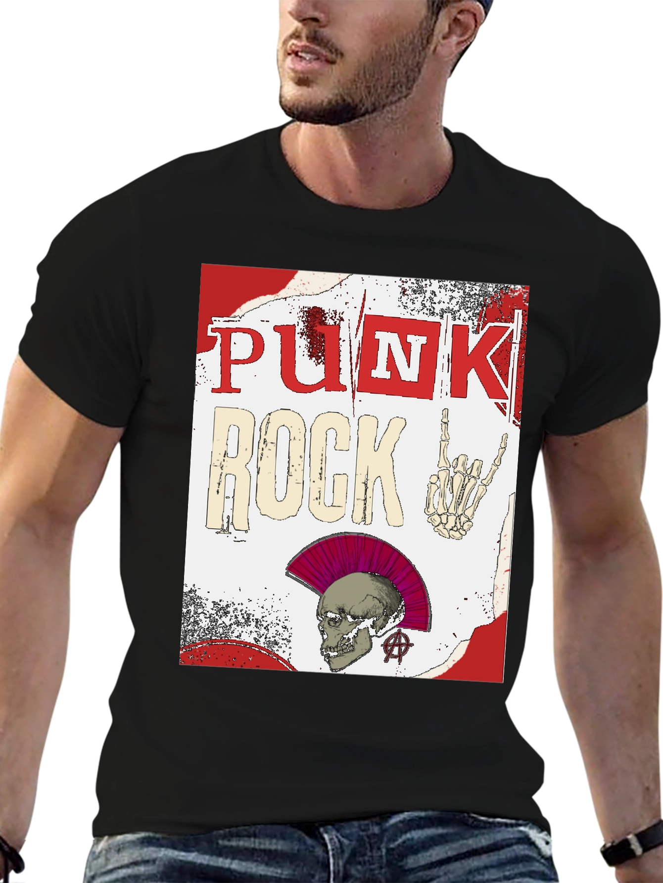 Black Punk Rock Graphic Tee - Edgy Skull Design view 6