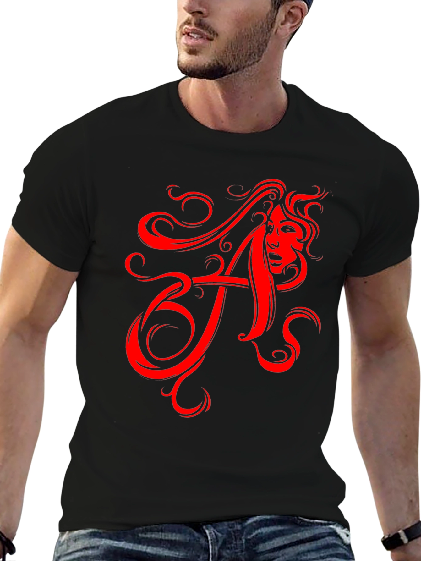 Black Red Artistic Letter A Black T-Shirt view 6