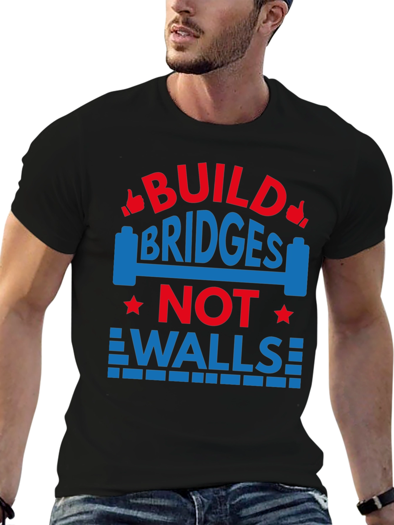 Black Build Bridges Not Walls Graphic Tee view 6