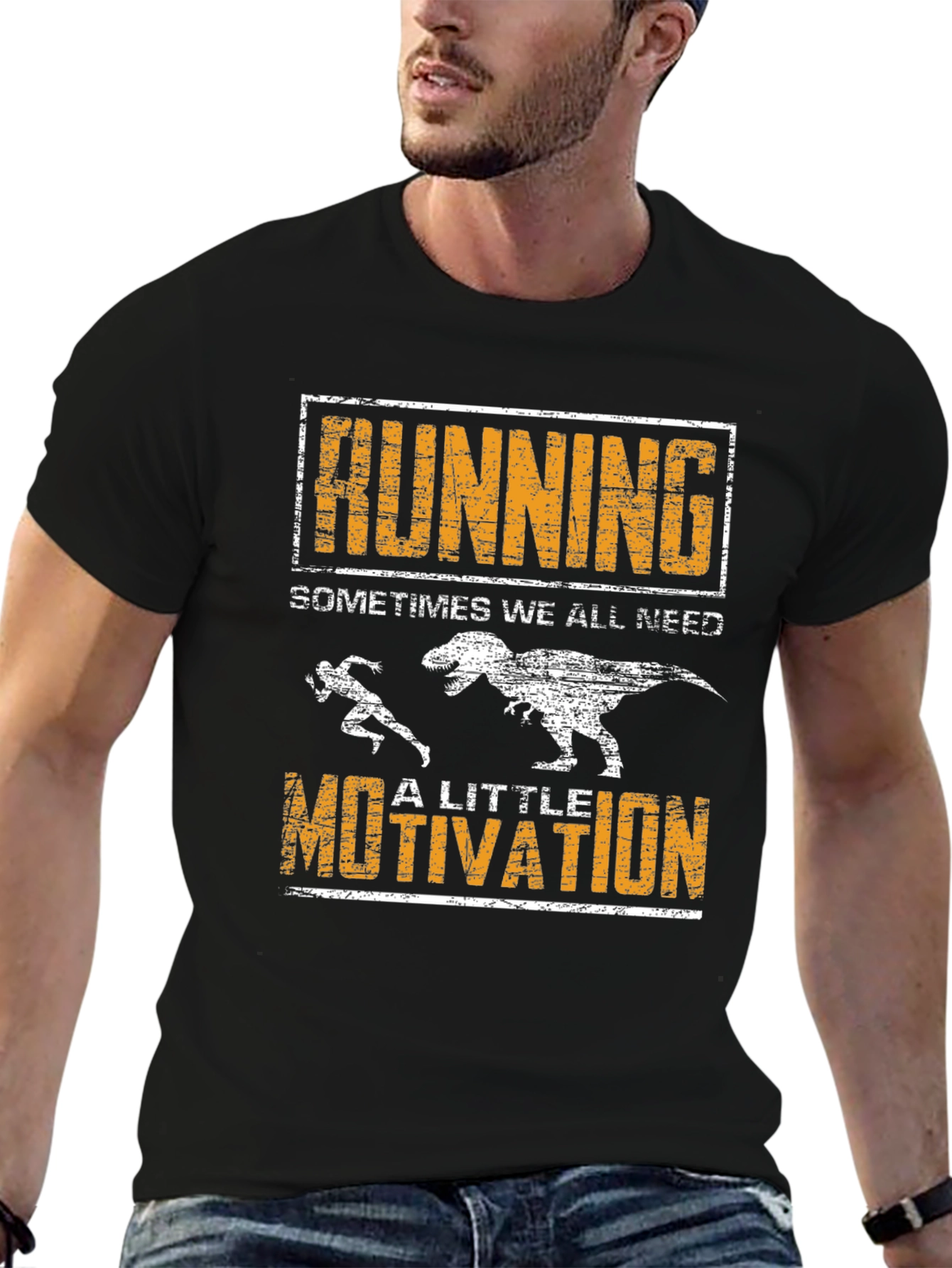Black Running Motivation T-Shirt - Dinosaur Chase Graphic view 6