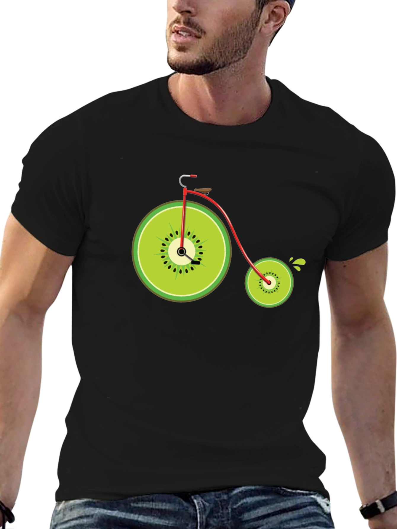 Black Kiwi Bike Graphic Tee - Quirky Fruit Bicycle Design view 6