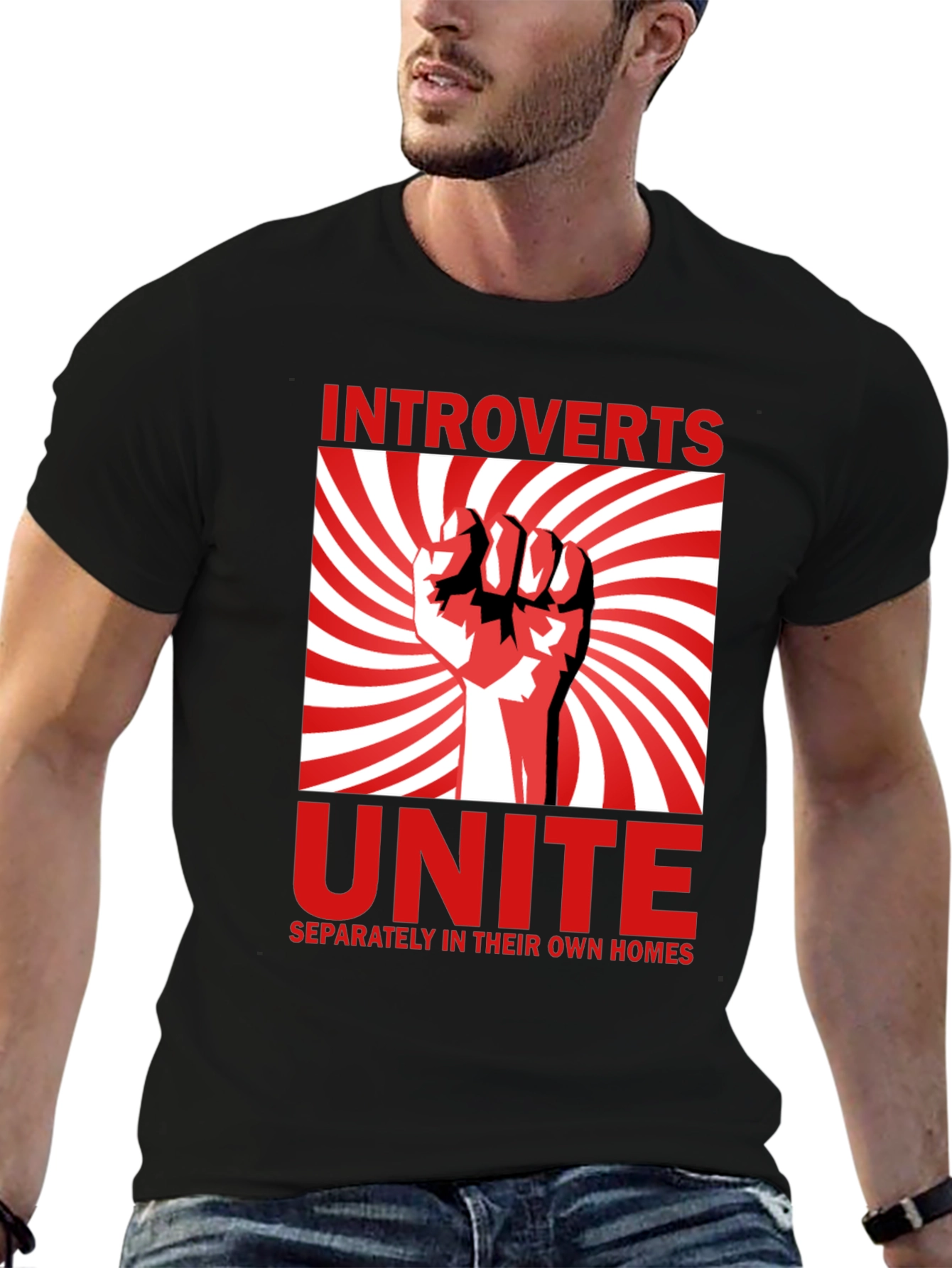 Black Introverts Unite T-Shirt - Separately in Their Own Homes view 6