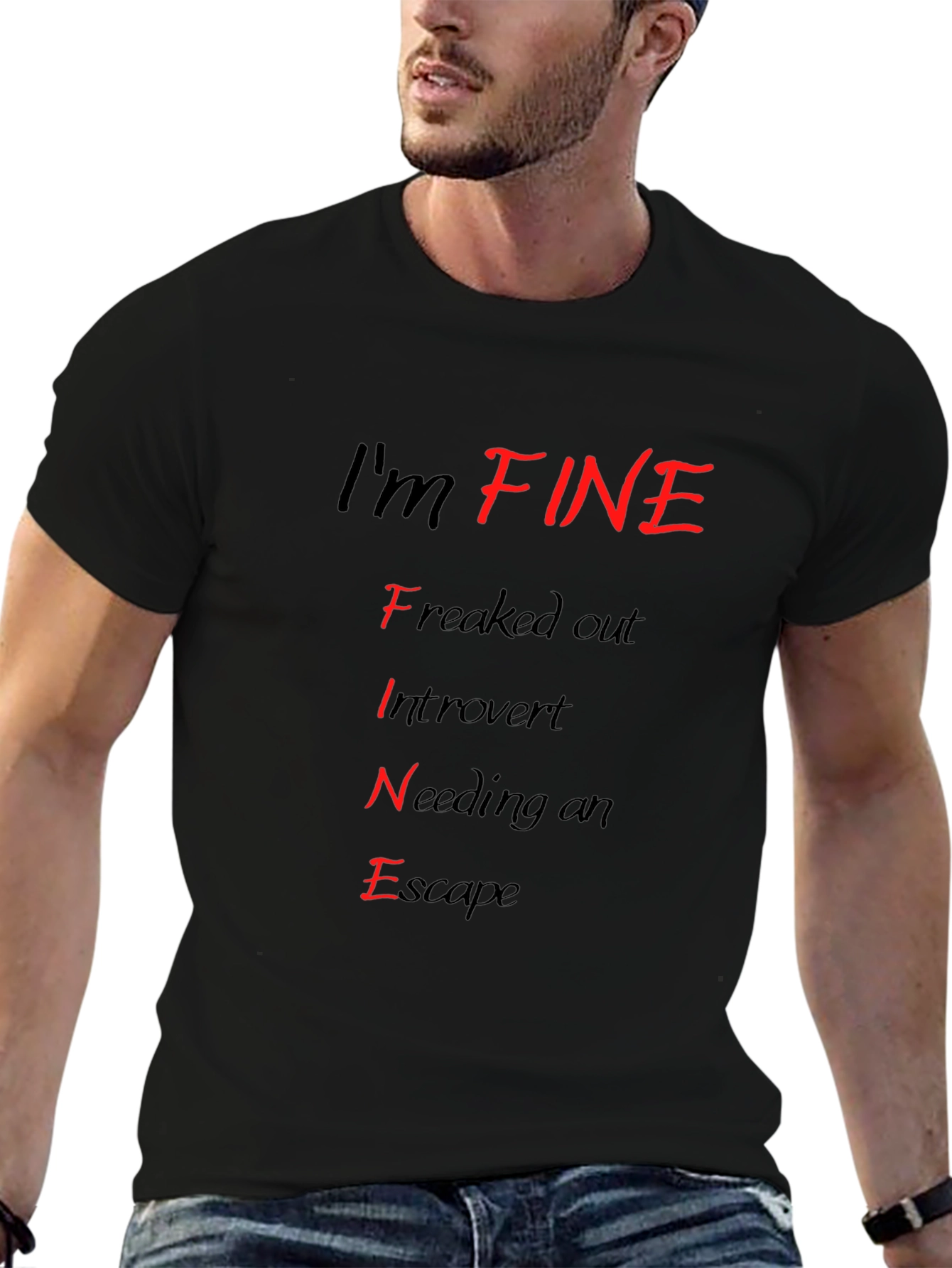 Black I'm FINE T-Shirt - Funny Introvert Graphic Tee view 6