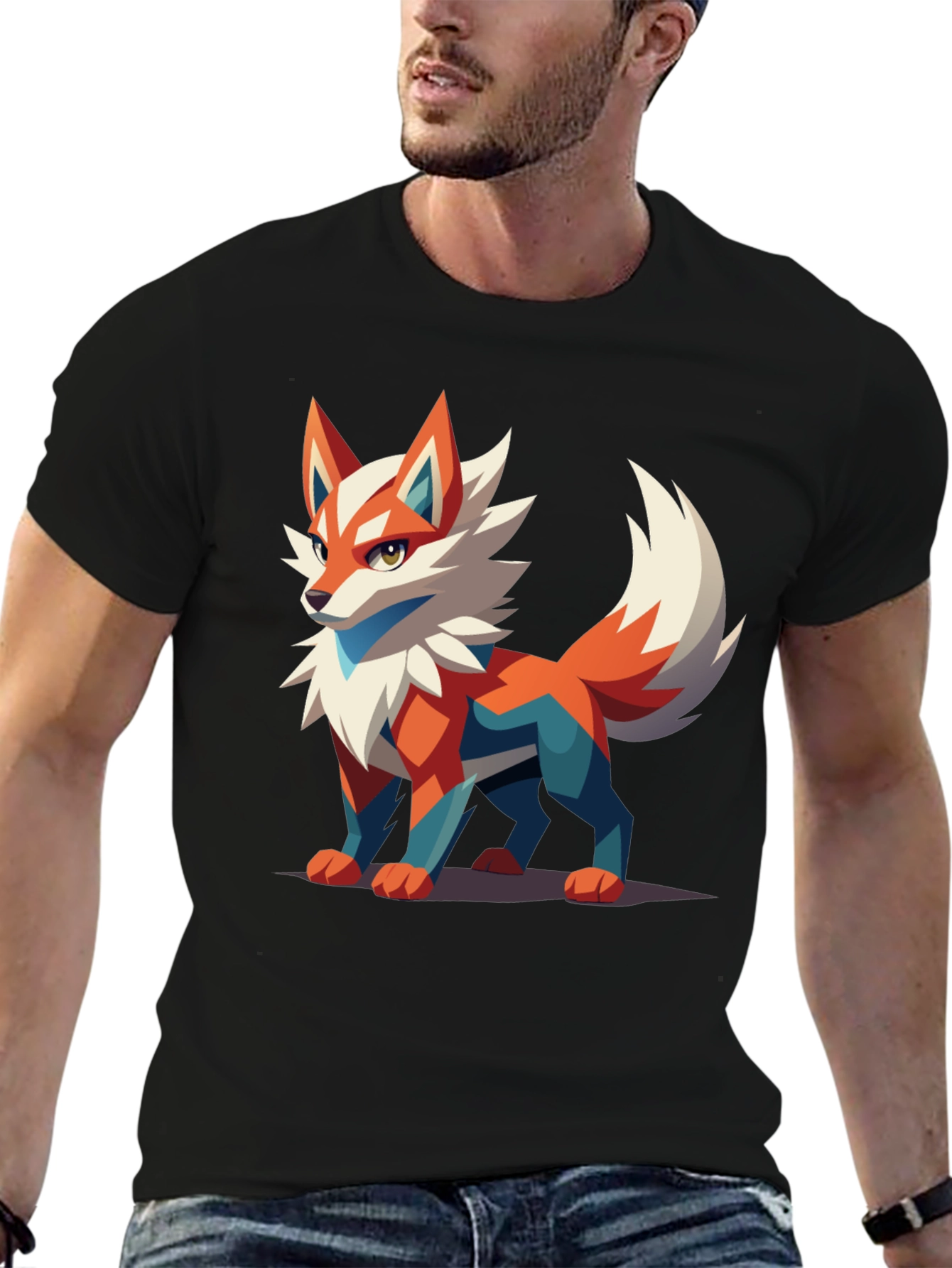 Black Men's Black T-Shirt with Geometric Fox Graphic view 6