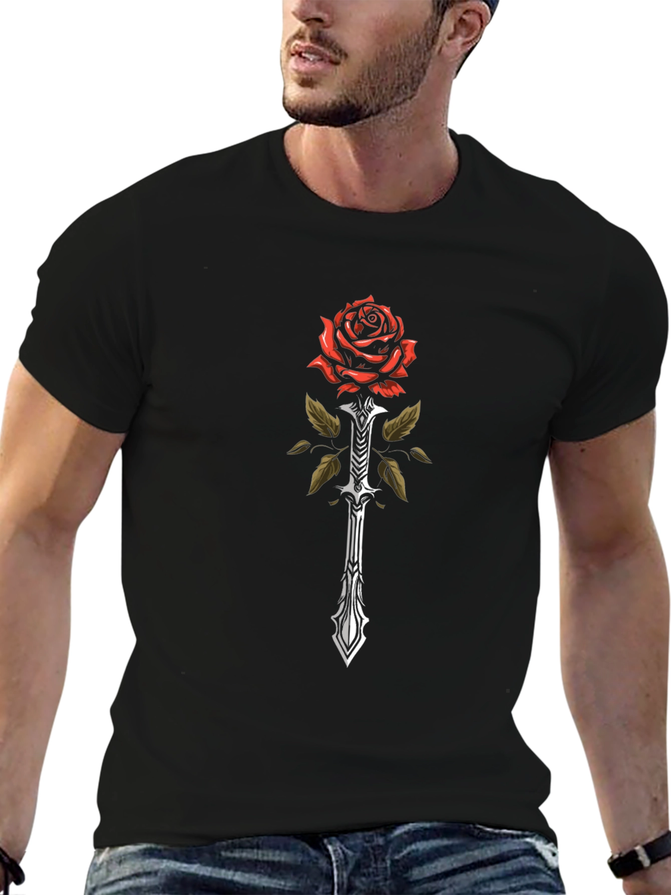 Black Rose and Sword Graphic Tee - Black Cotton Blend view 6