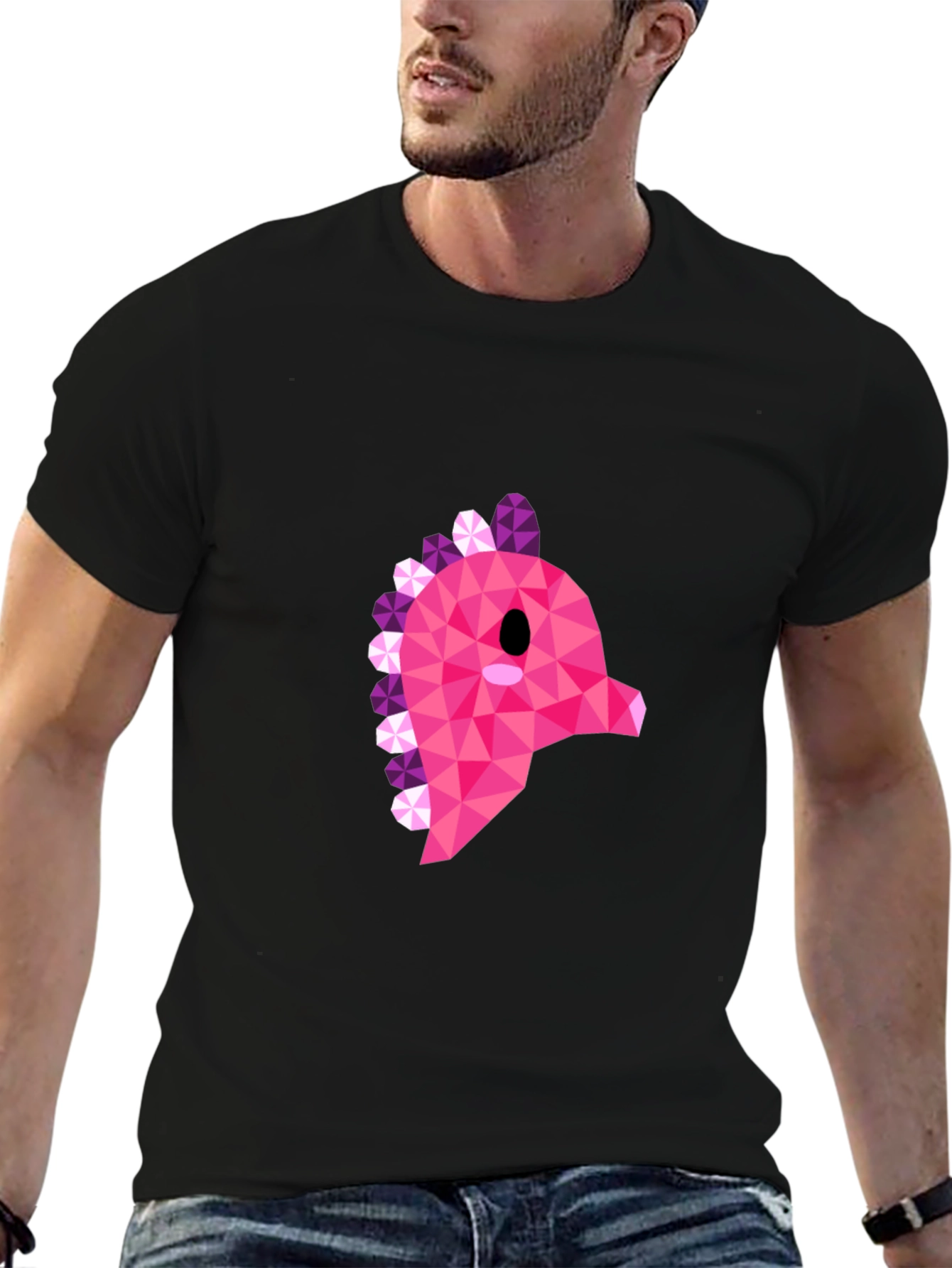Black Geometric Pink Dinosaur Graphic T-Shirt - Modern Style view 6