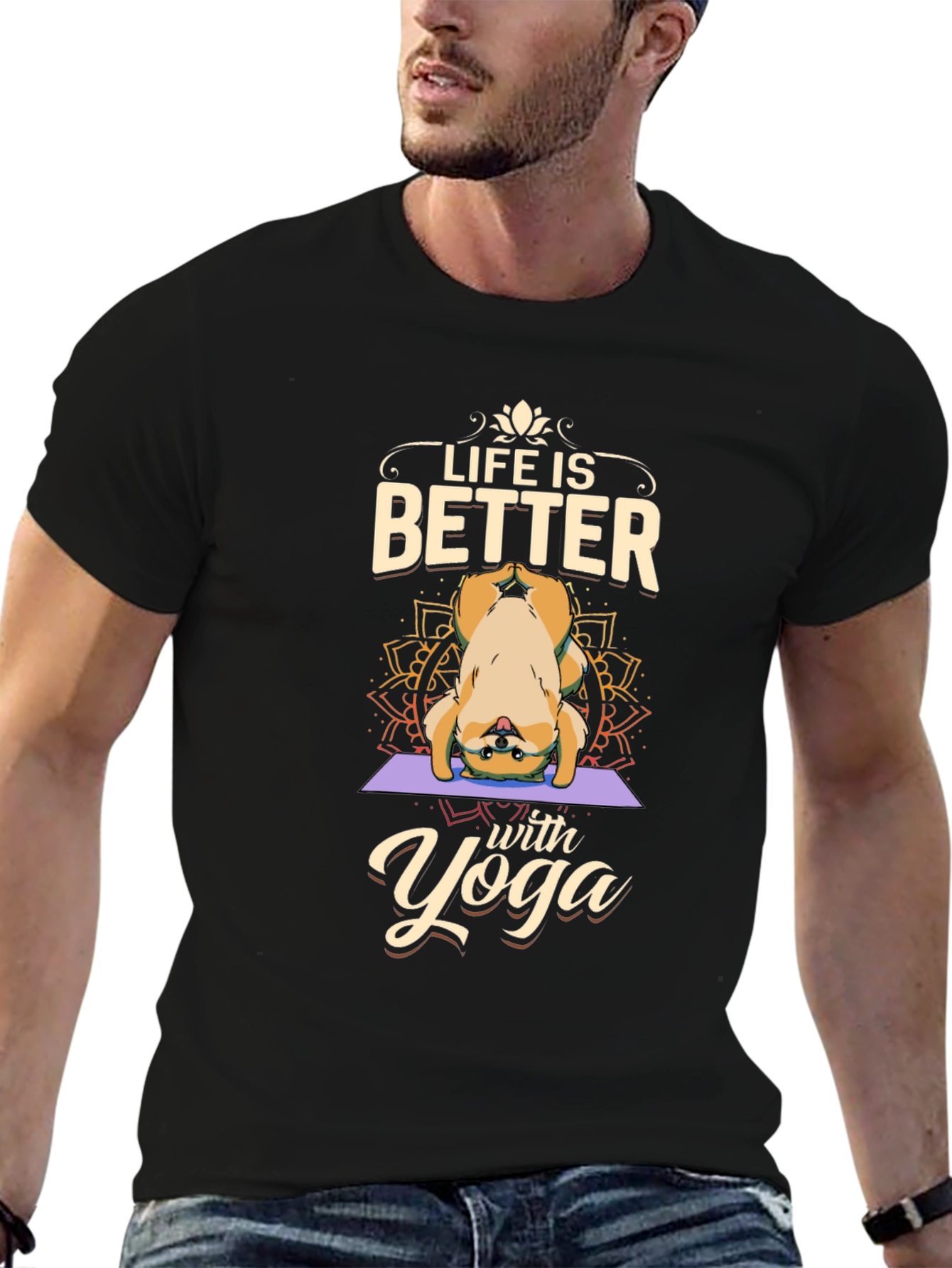 Black Yoga Dog Graphic T-Shirt - Life is Better view 6