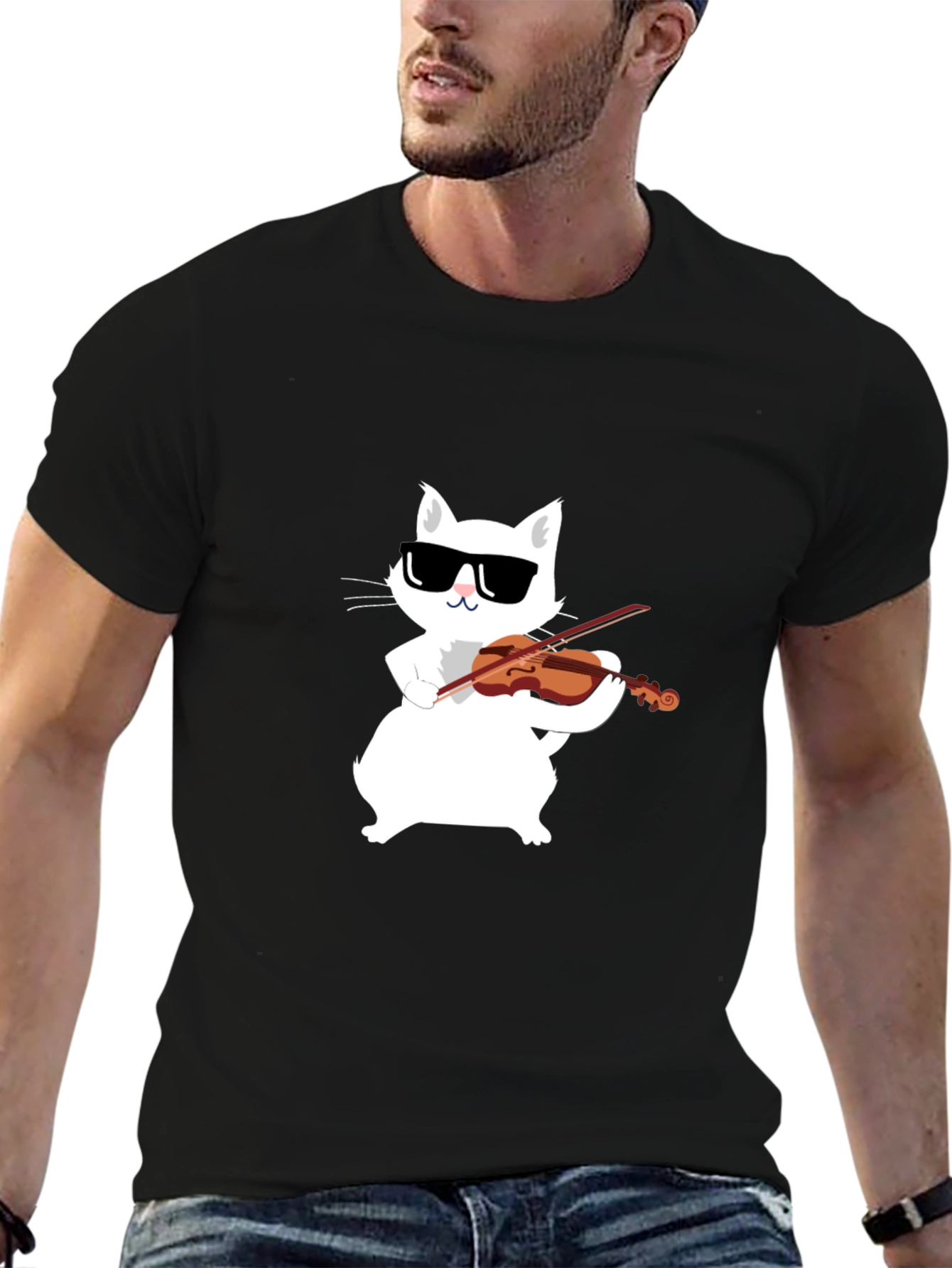Black Cool Cat Violinist Graphic Tee view 6