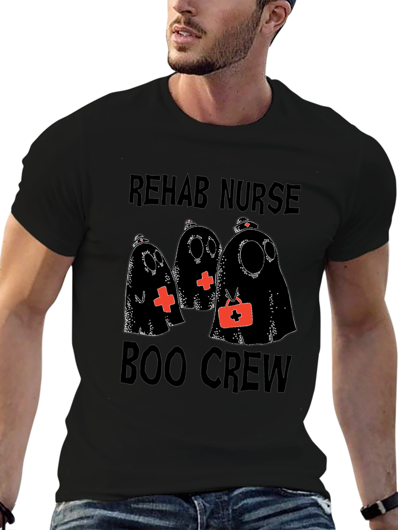 Black Rehab Nurse Boo Crew Halloween T-Shirt view 6