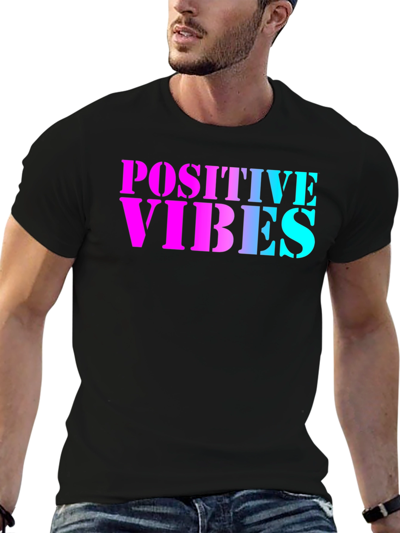 Black Positive Vibes T-Shirt - Black Crew Neck Tee view 6