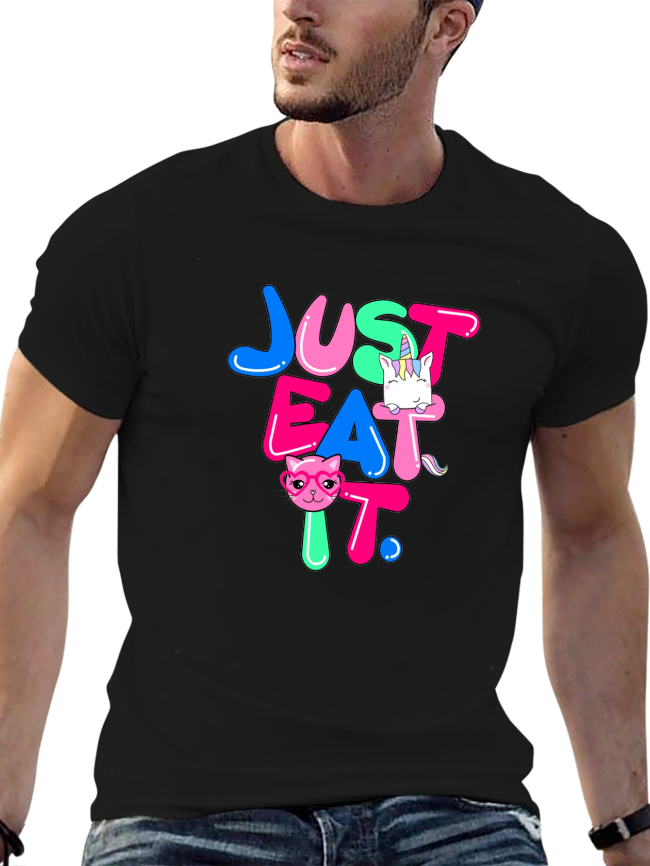 Black Just Eat It Graphic T-Shirt - Funny Cat & Unicorn Design view 6