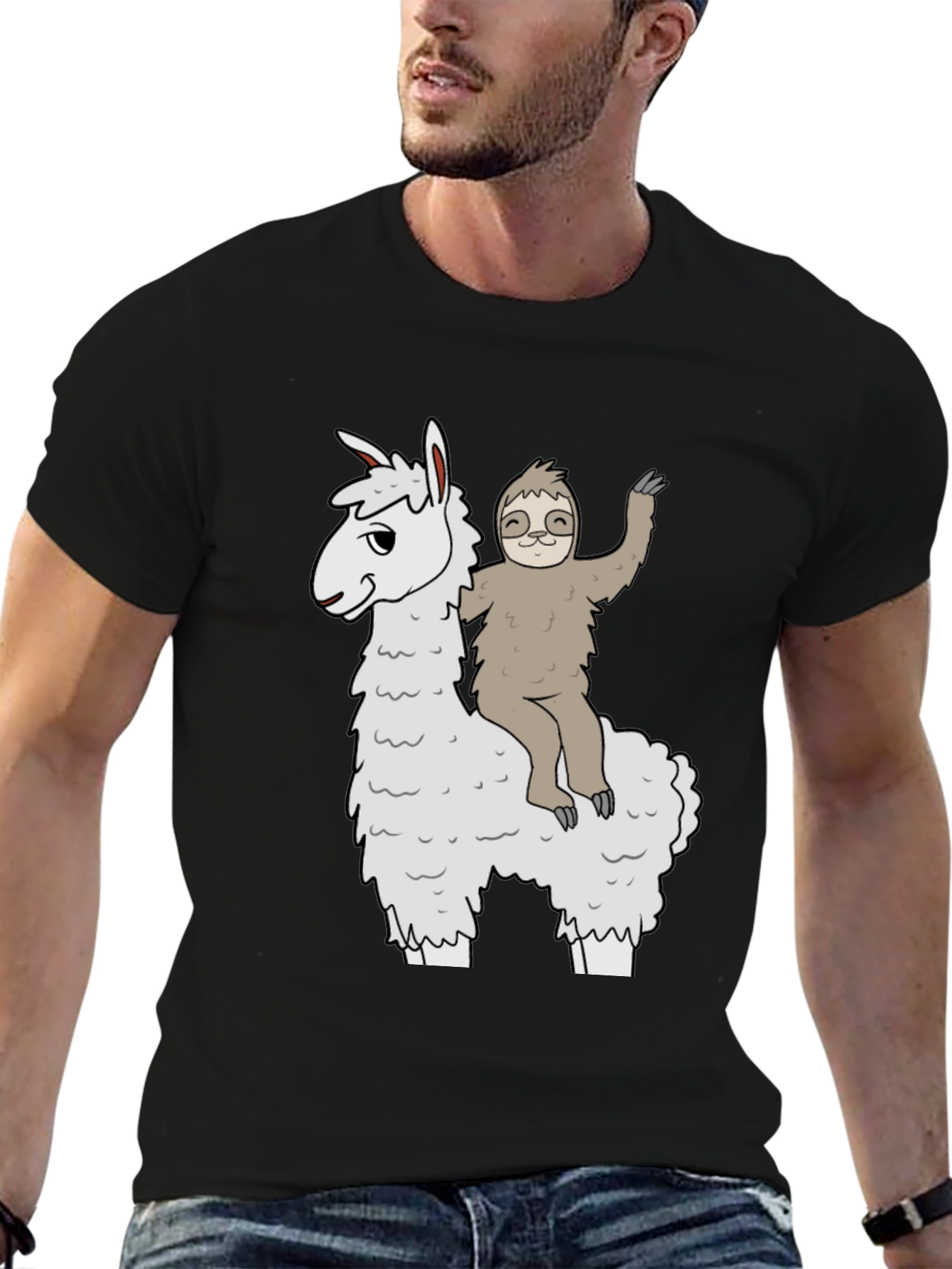 Black Llama & Sloth T-Shirt - Fun Graphic Tee view 6