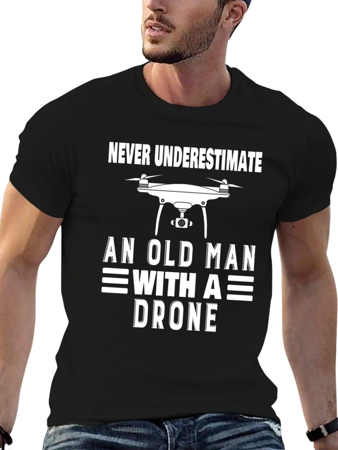 Black Never Underestimate Old Man with a Drone T-Shirt view 6