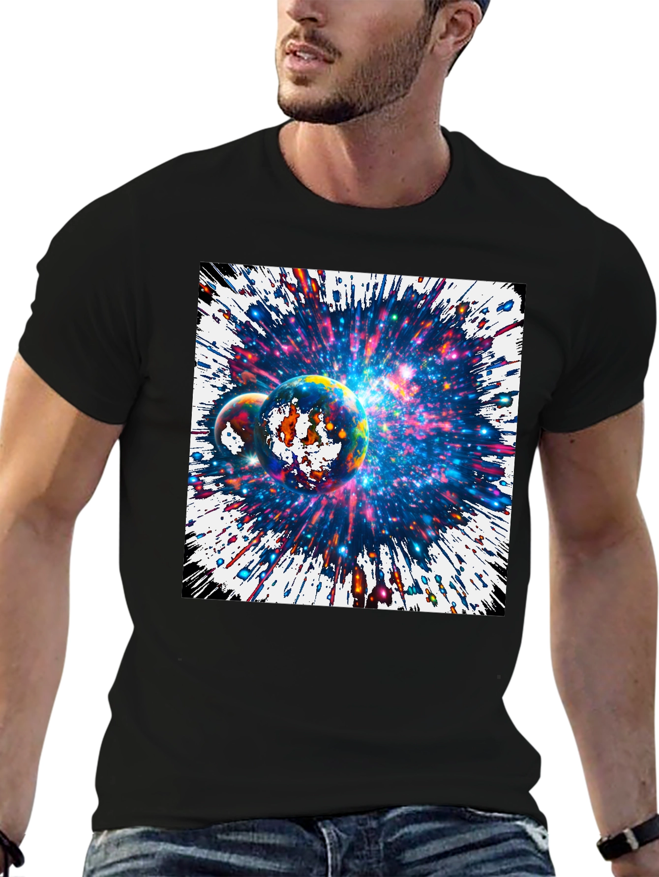 Black Cosmic Planets Graphic Tee - Black Cotton T-Shirt view 6