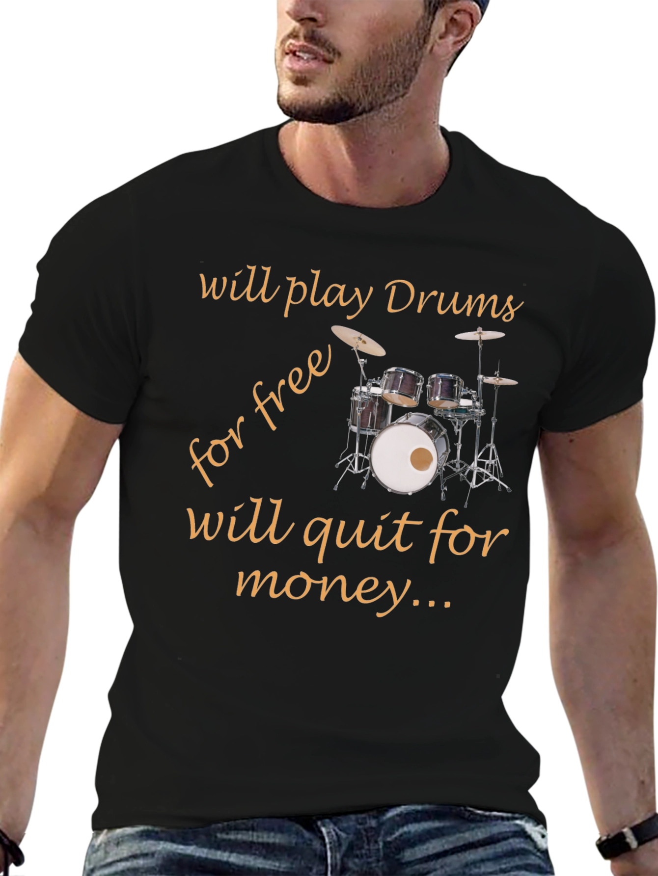 Black Funny Drummer T-Shirt - Play Drums Free, Quit For Money view 6