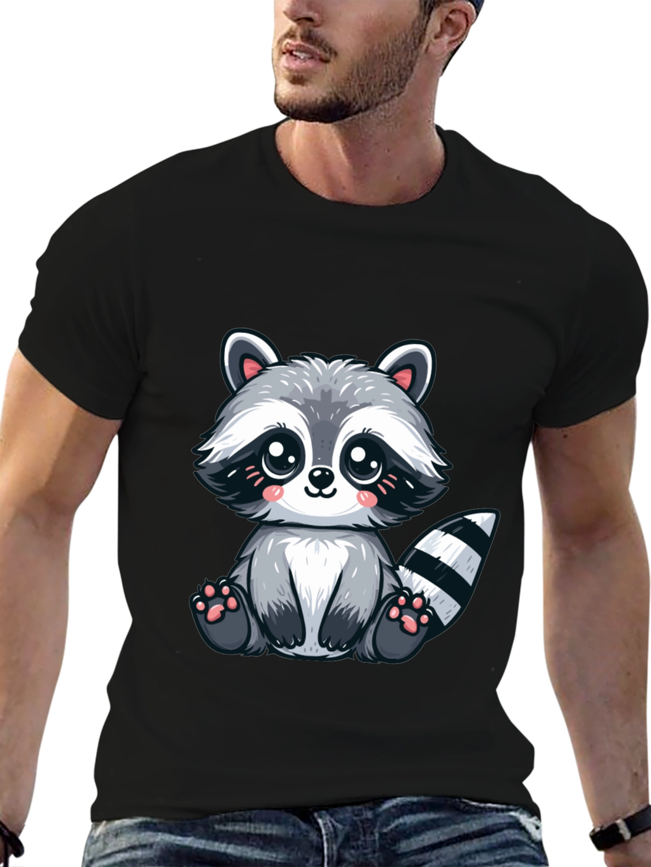 Black Cute Cartoon Raccoon Graphic Tee - Soft Black Cotton view 6