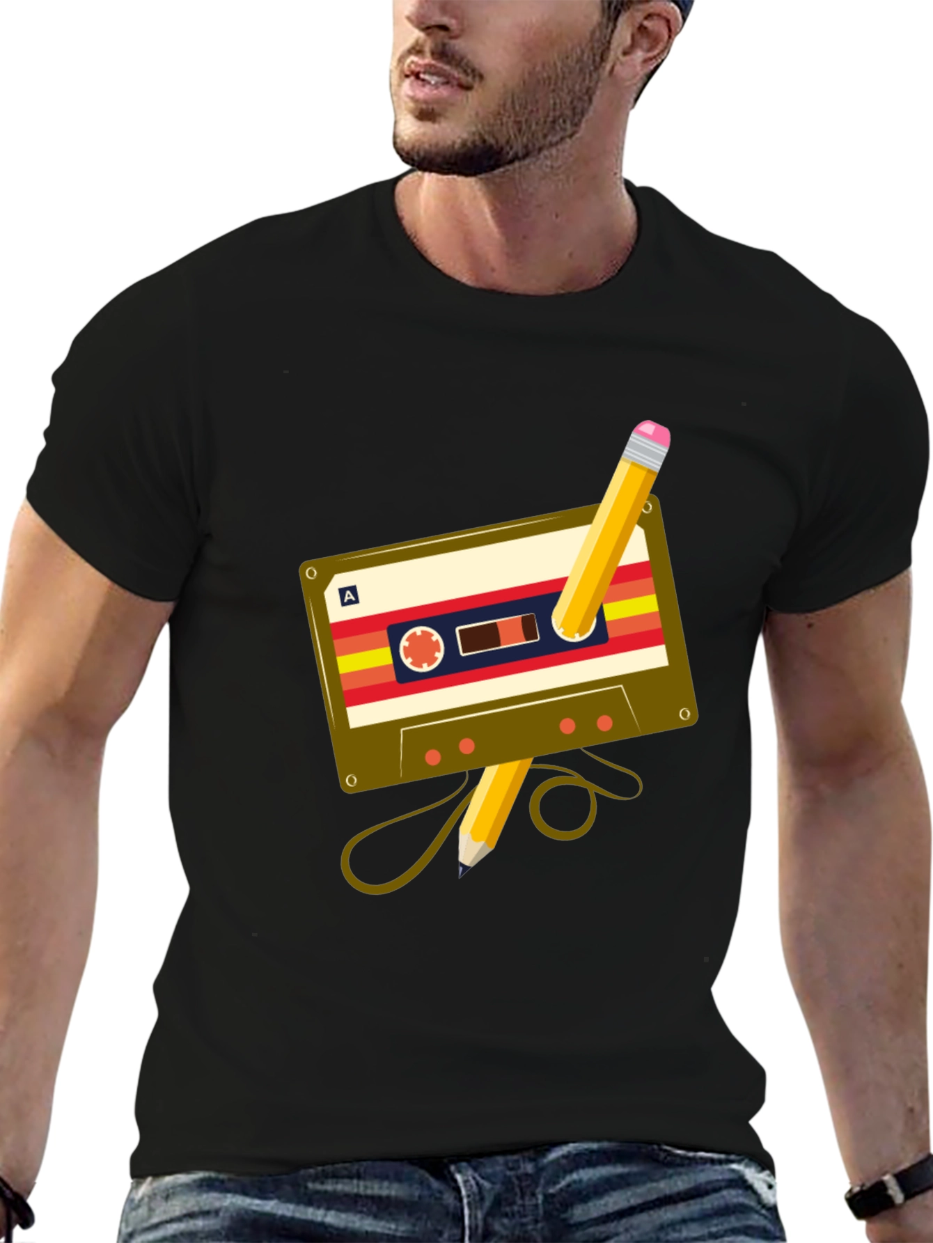 Black Retro Cassette & Pencil Graphic Tee - Music Lover's T-Shirt view 6