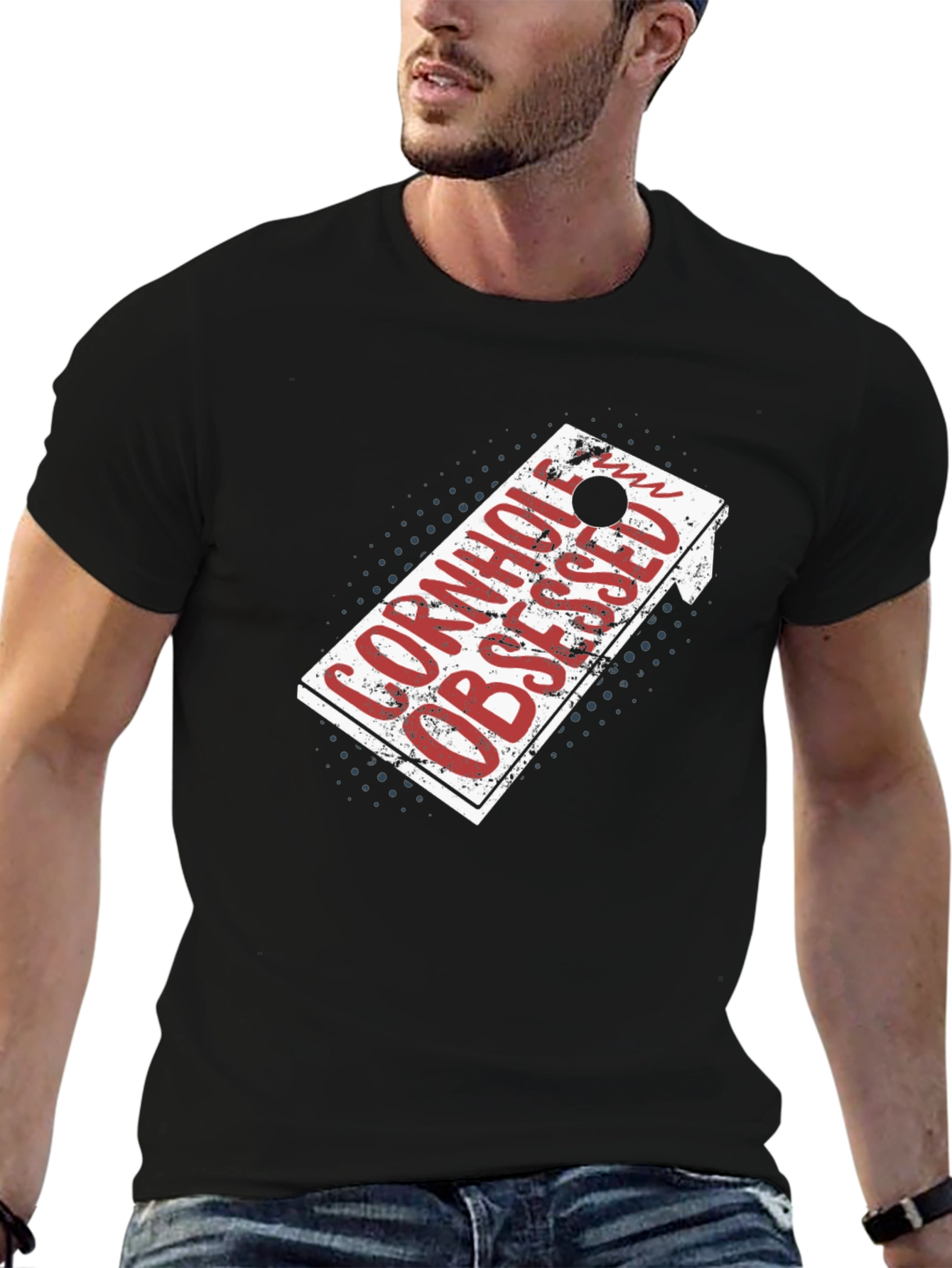 Black Cornhole Obsessed T-Shirt - Black Crew Neck Tee view 6