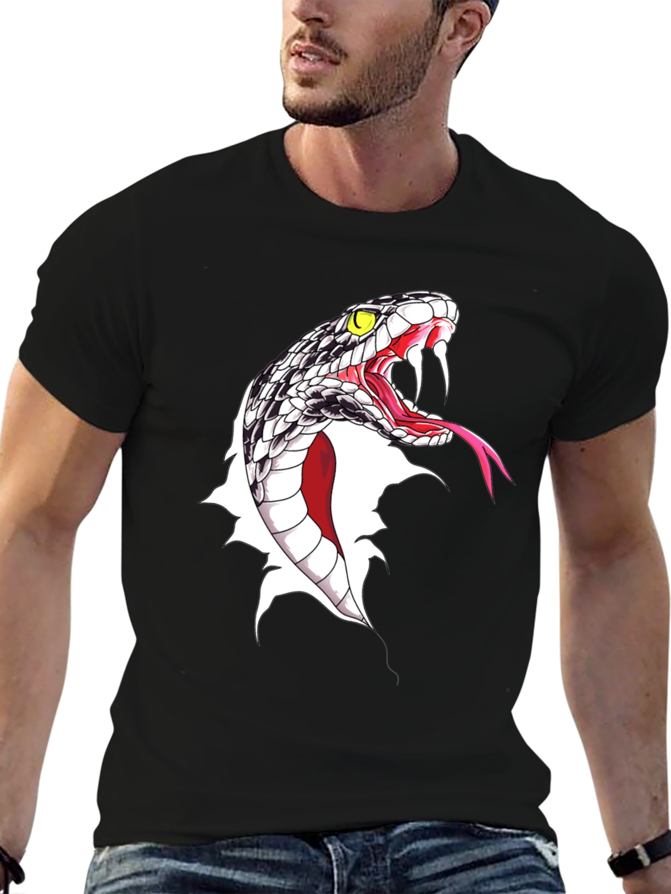 Black Men's Snake Graphic Print Black T-Shirt view 6