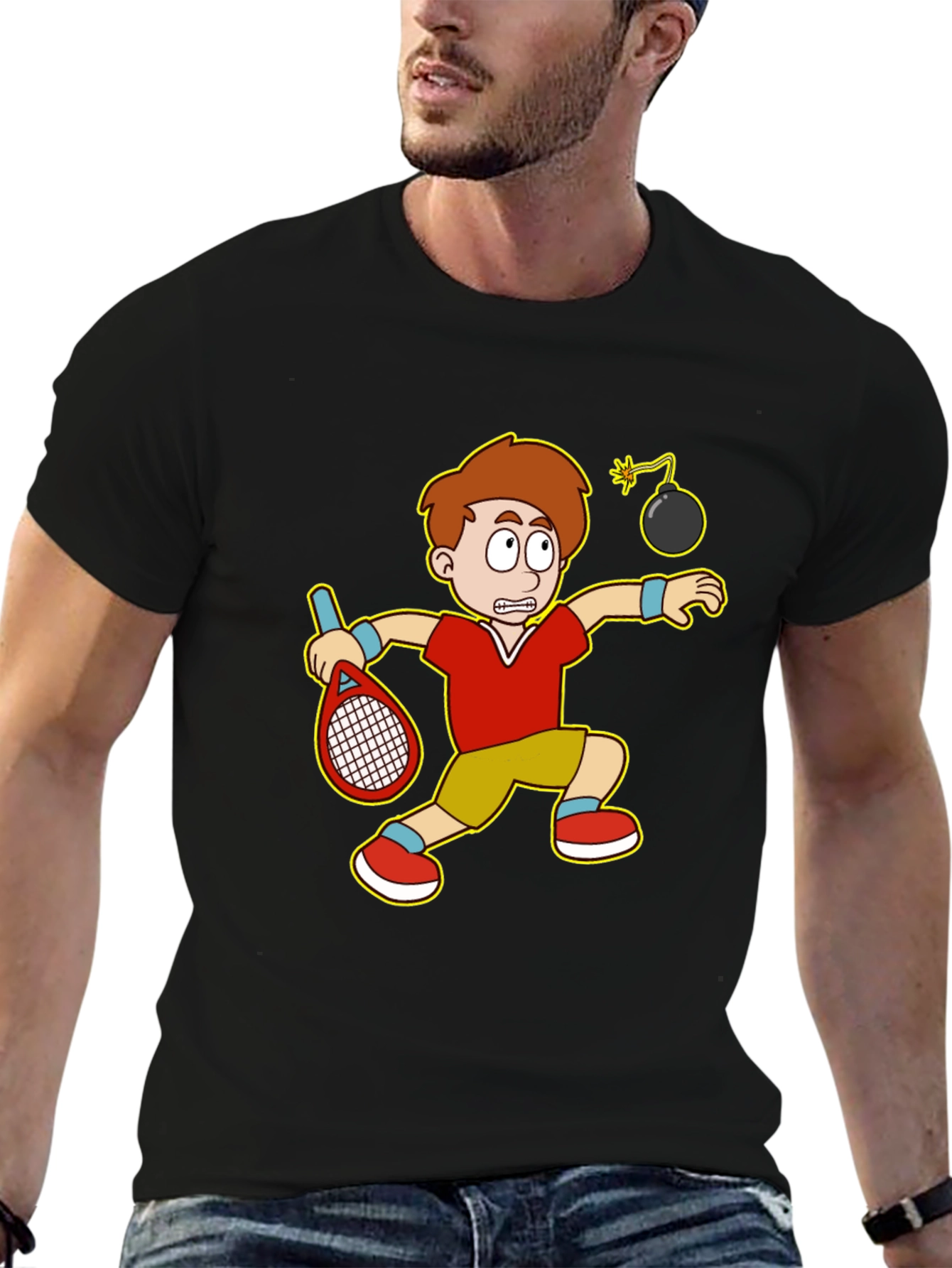 Black Funny Tennis Player Cartoon Graphic T-Shirt view 6