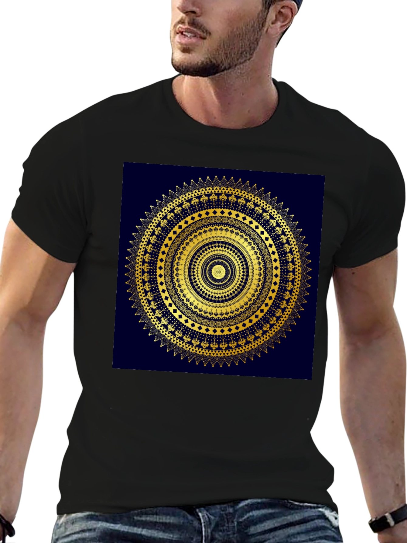 Black Gold Mandala Design Black T-Shirt view 6