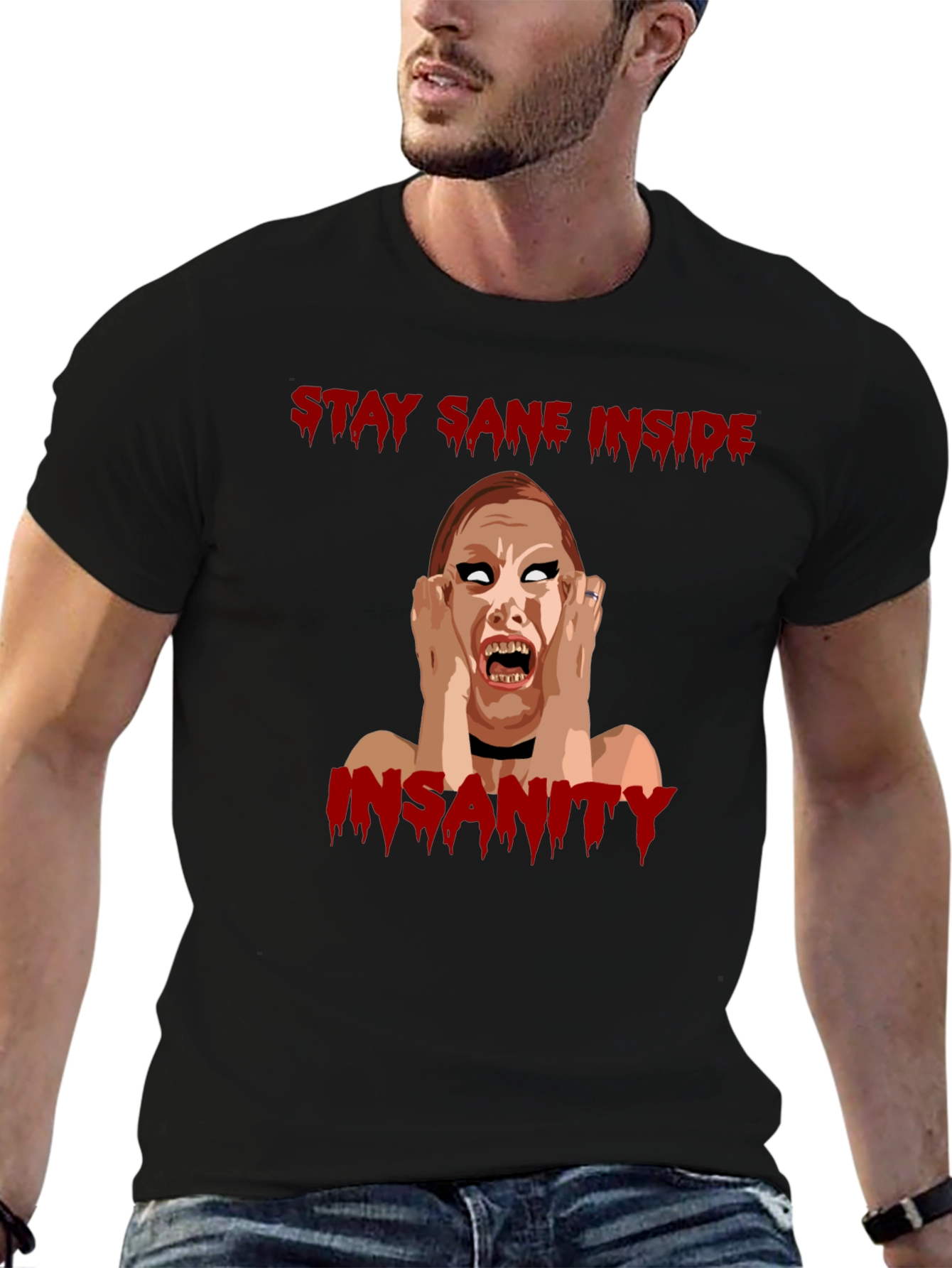 Black Stay Sane Inside Horror Graphic T-Shirt view 6