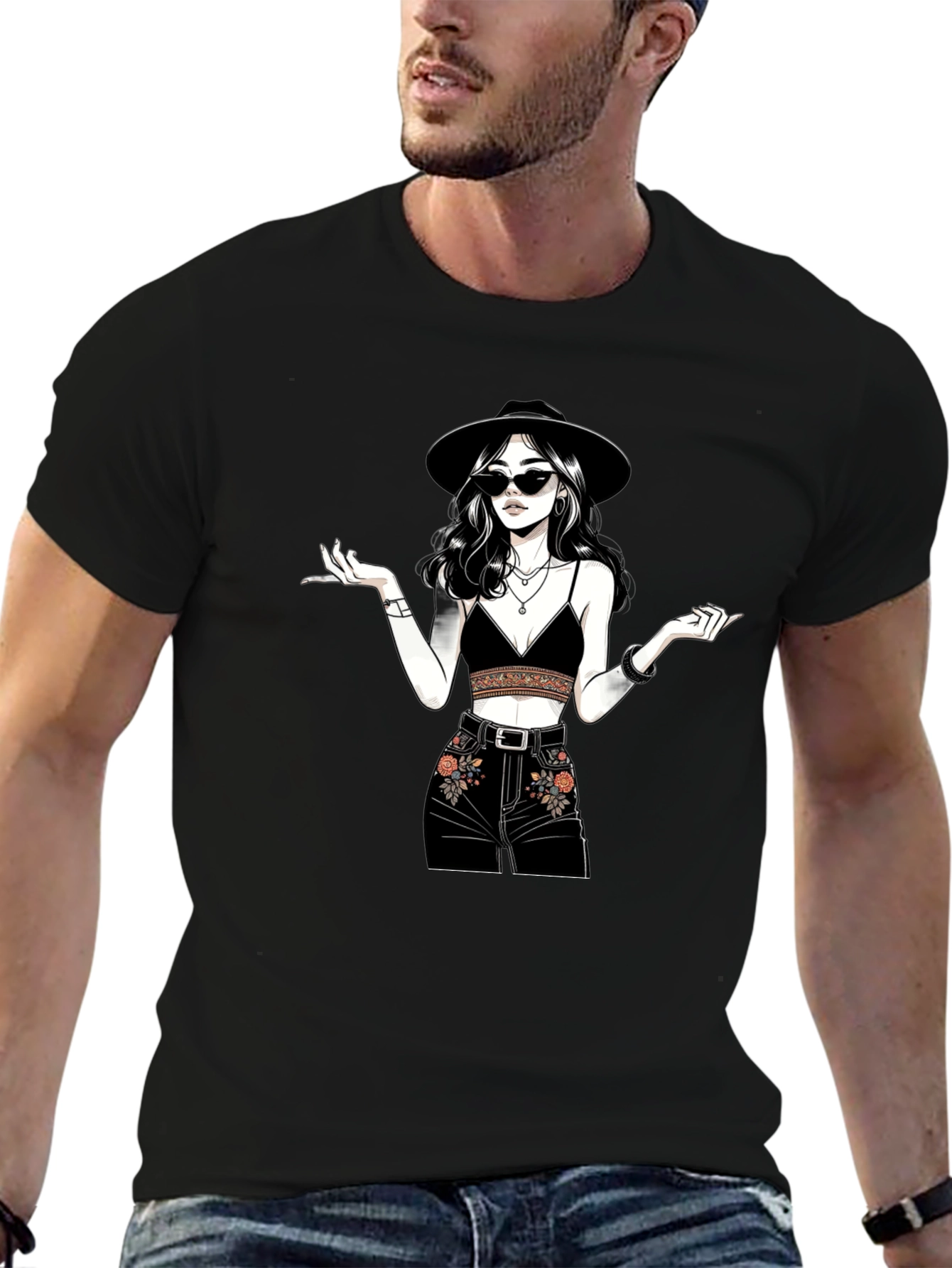 Black Stylish Graphic Print T-Shirt - Boho Chic view 6