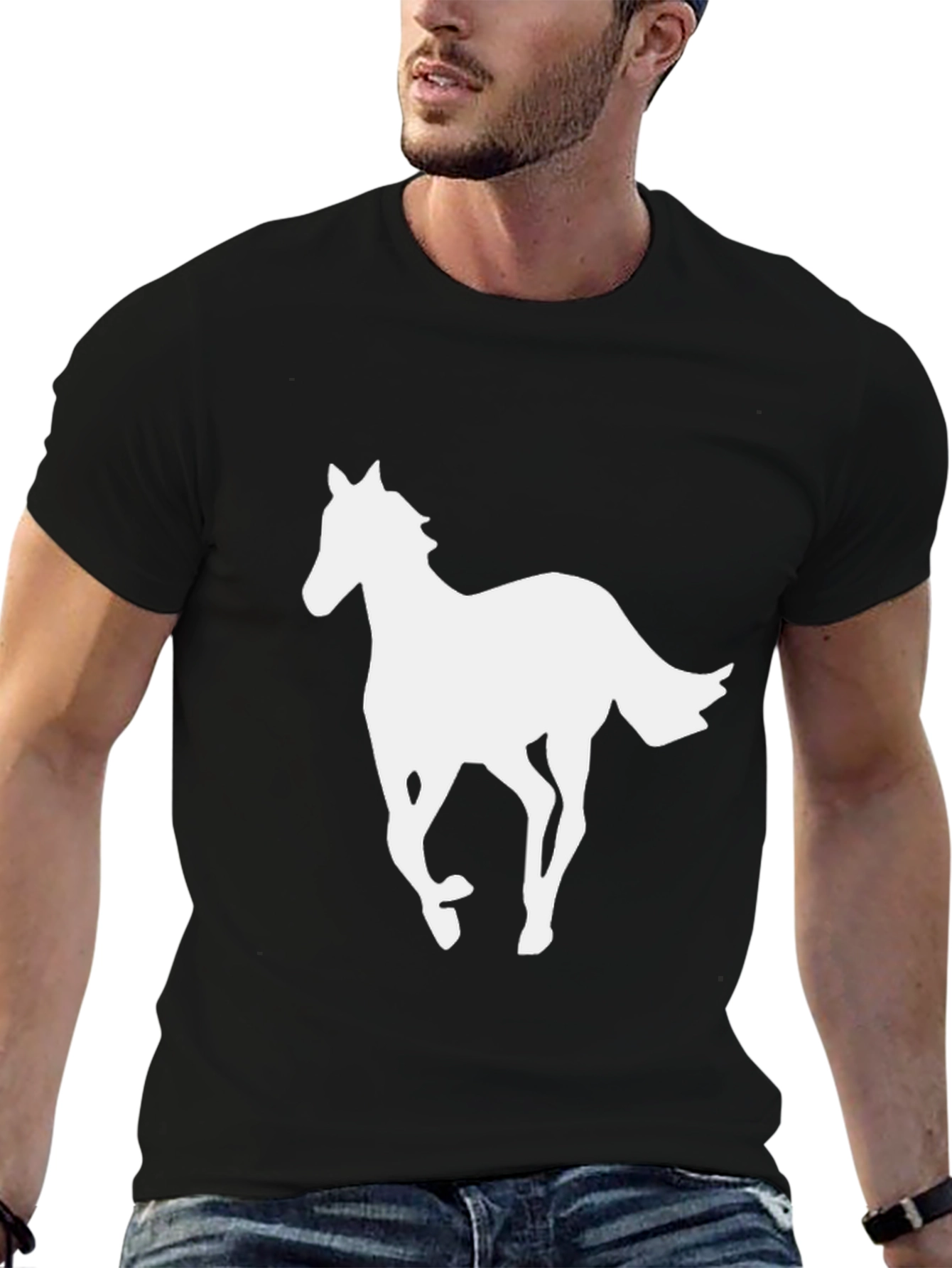 Black Black T-Shirt with White Horse Graphic view 6