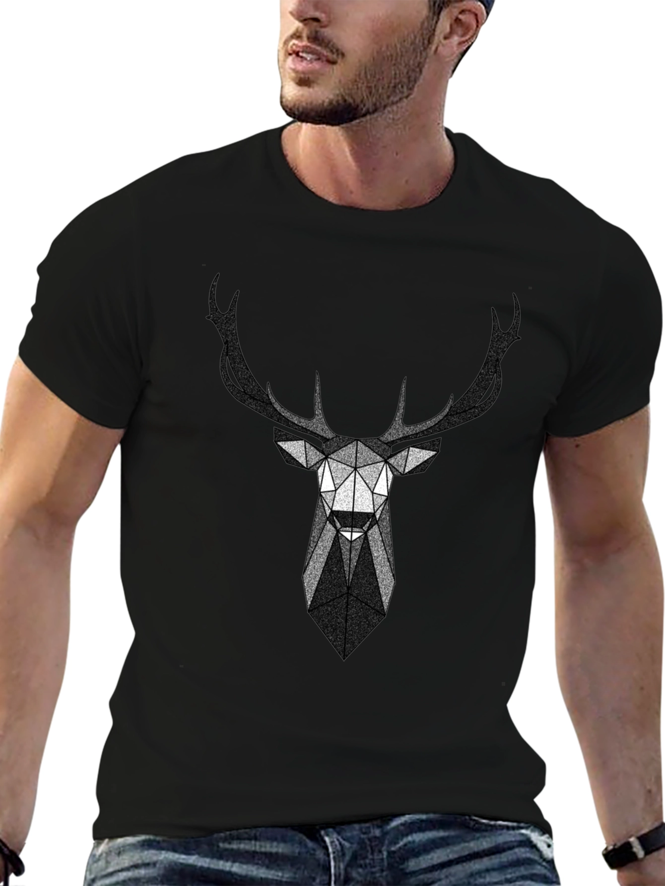 Black Geometric Deer Head Graphic T-Shirt view 6