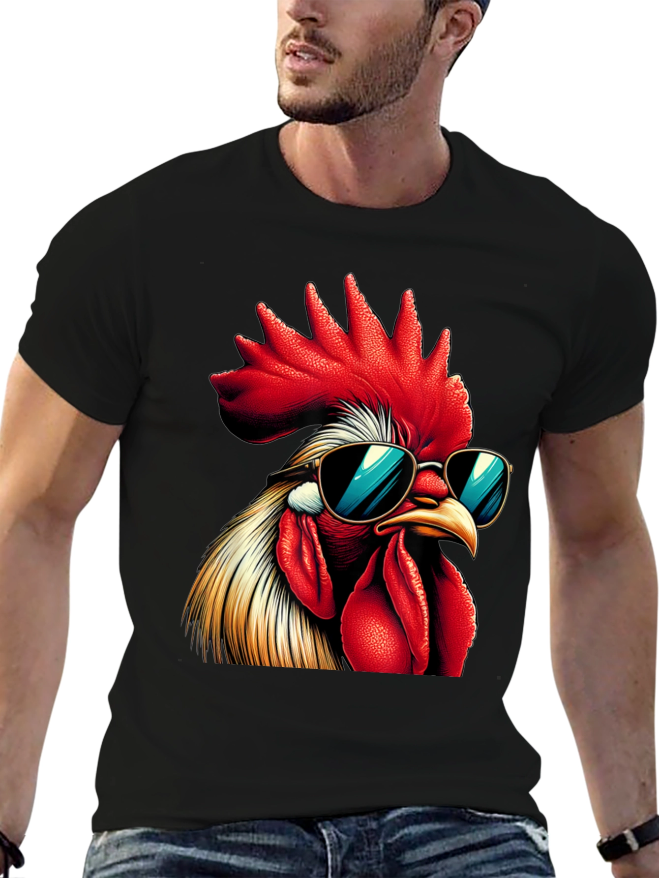 Black Cool Rooster Graphic Tee - Funny Chicken T-Shirt view 6