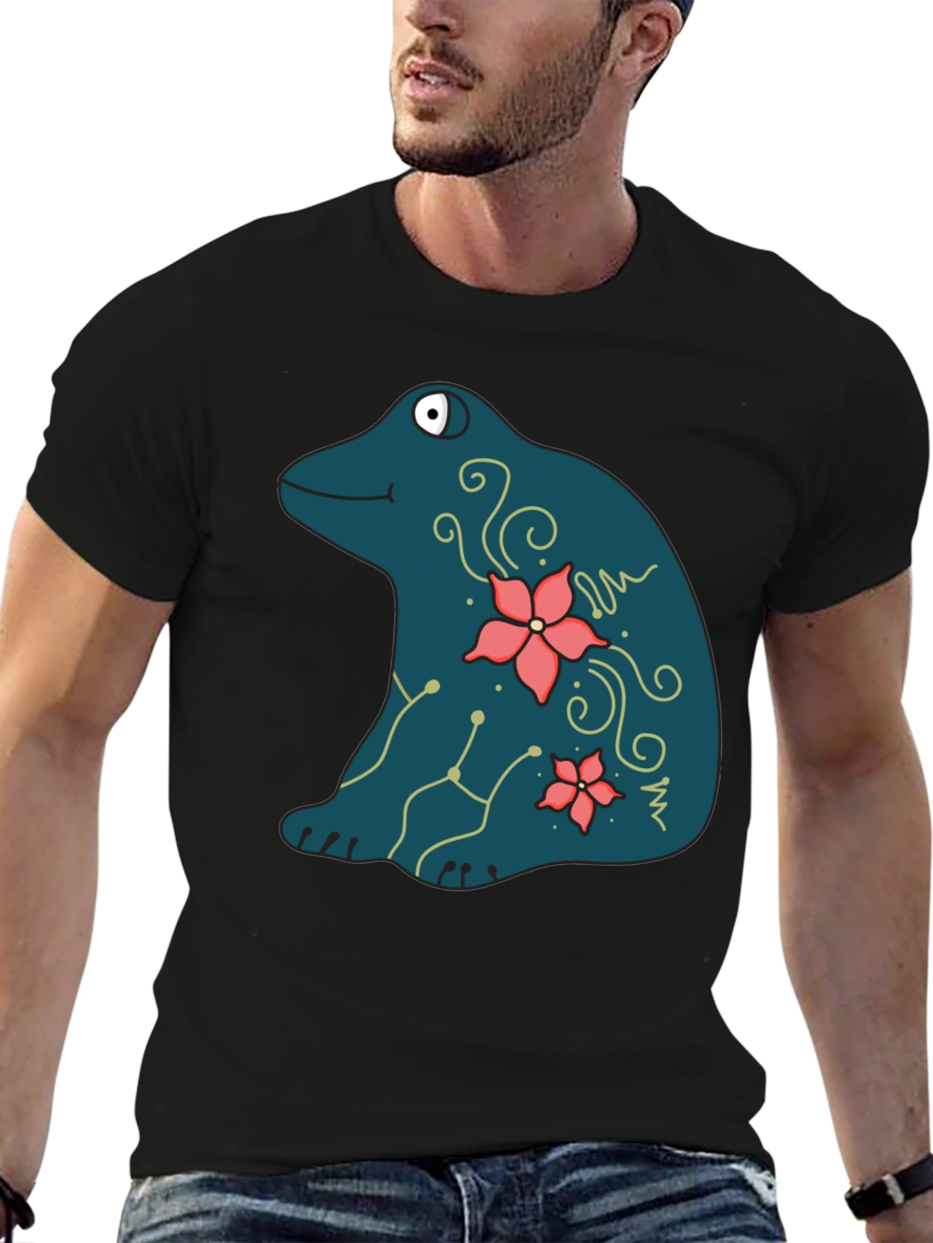 Black Frog and Flower Graphic Print Black T-Shirt view 6