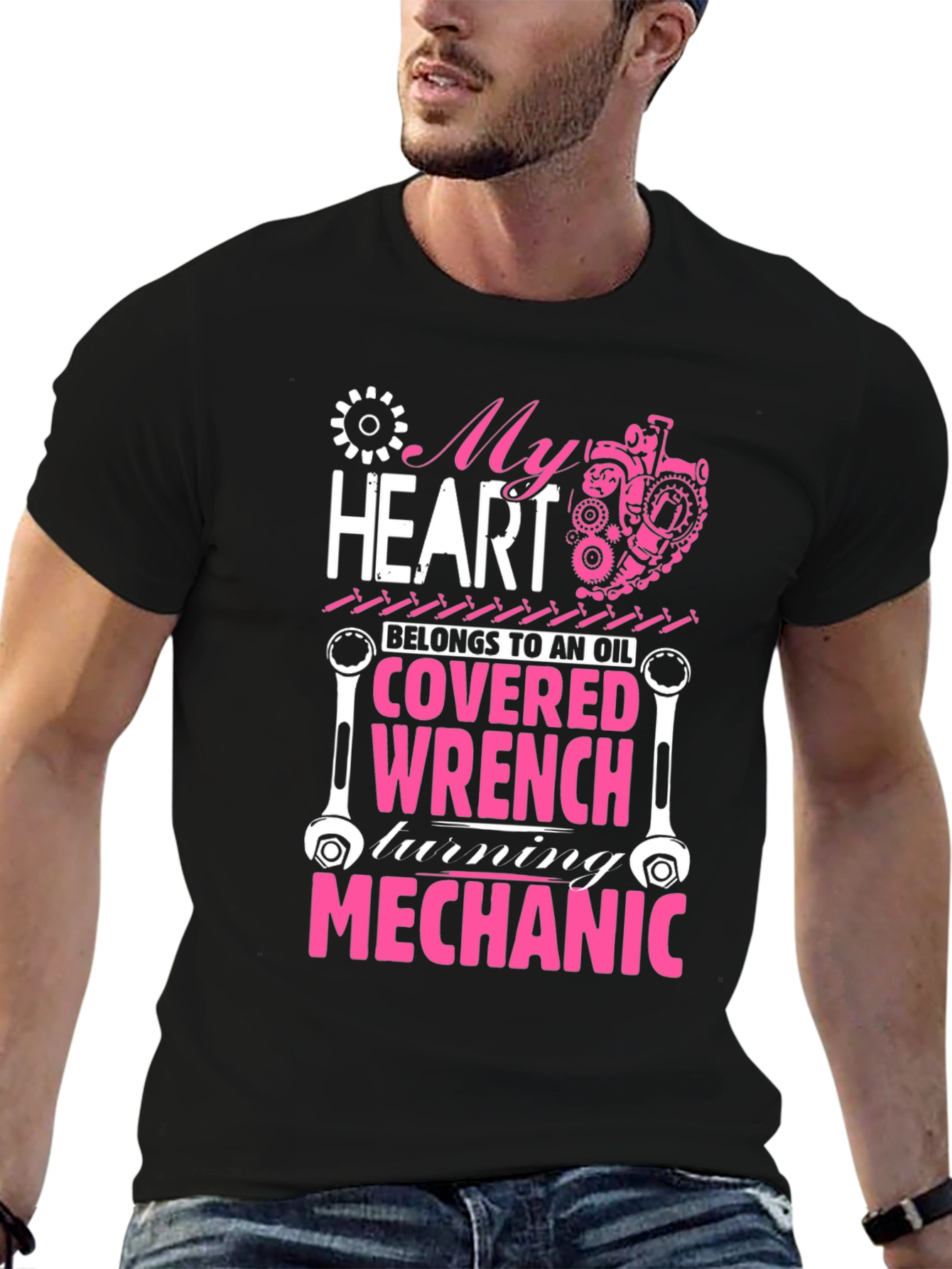 Black Mechanic Heart T-Shirt: Oil Covered Wrench Design view 6