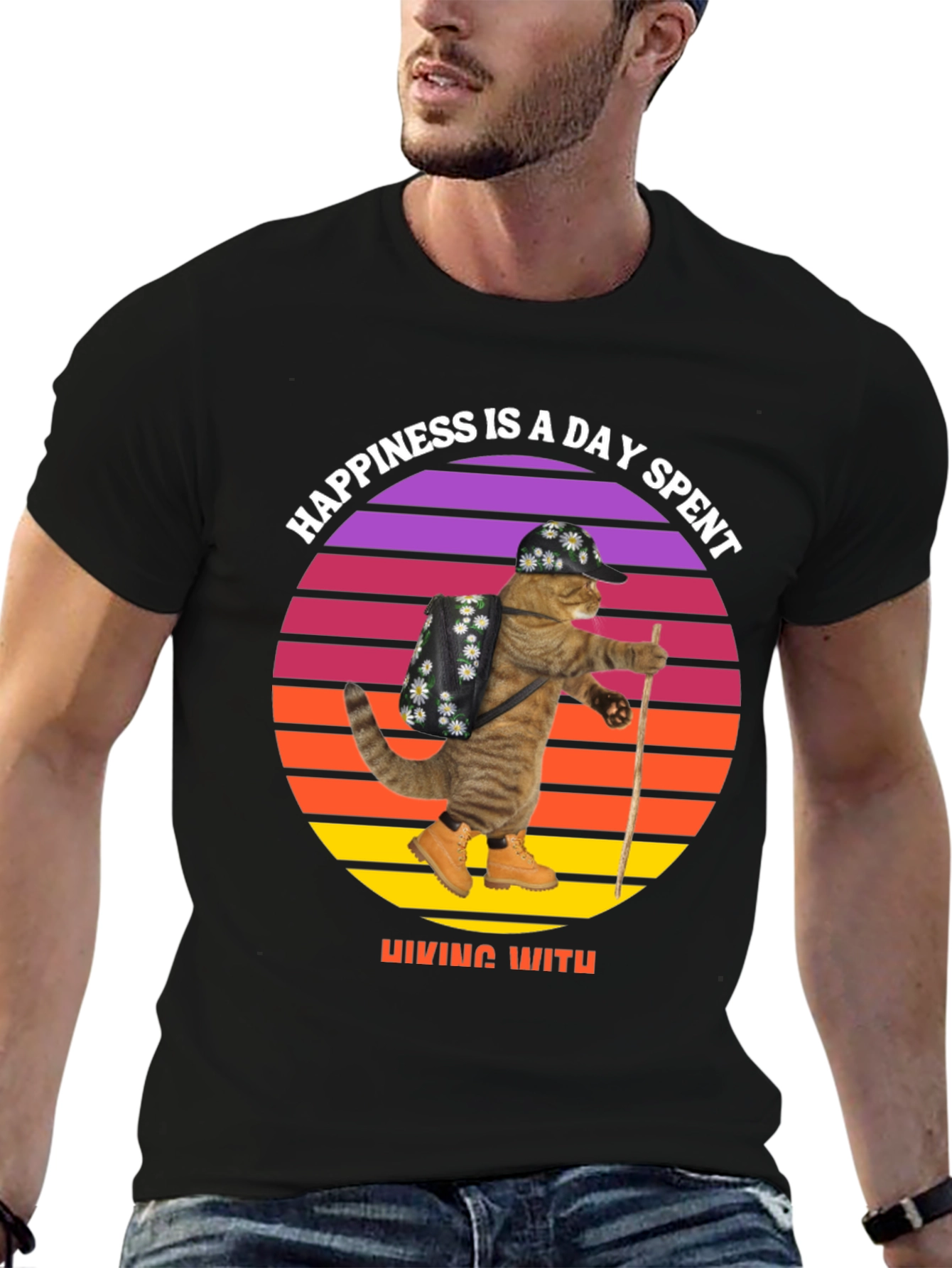 Black Hiking Cat T-Shirt: Happiness is a Day Spent Hiking view 6