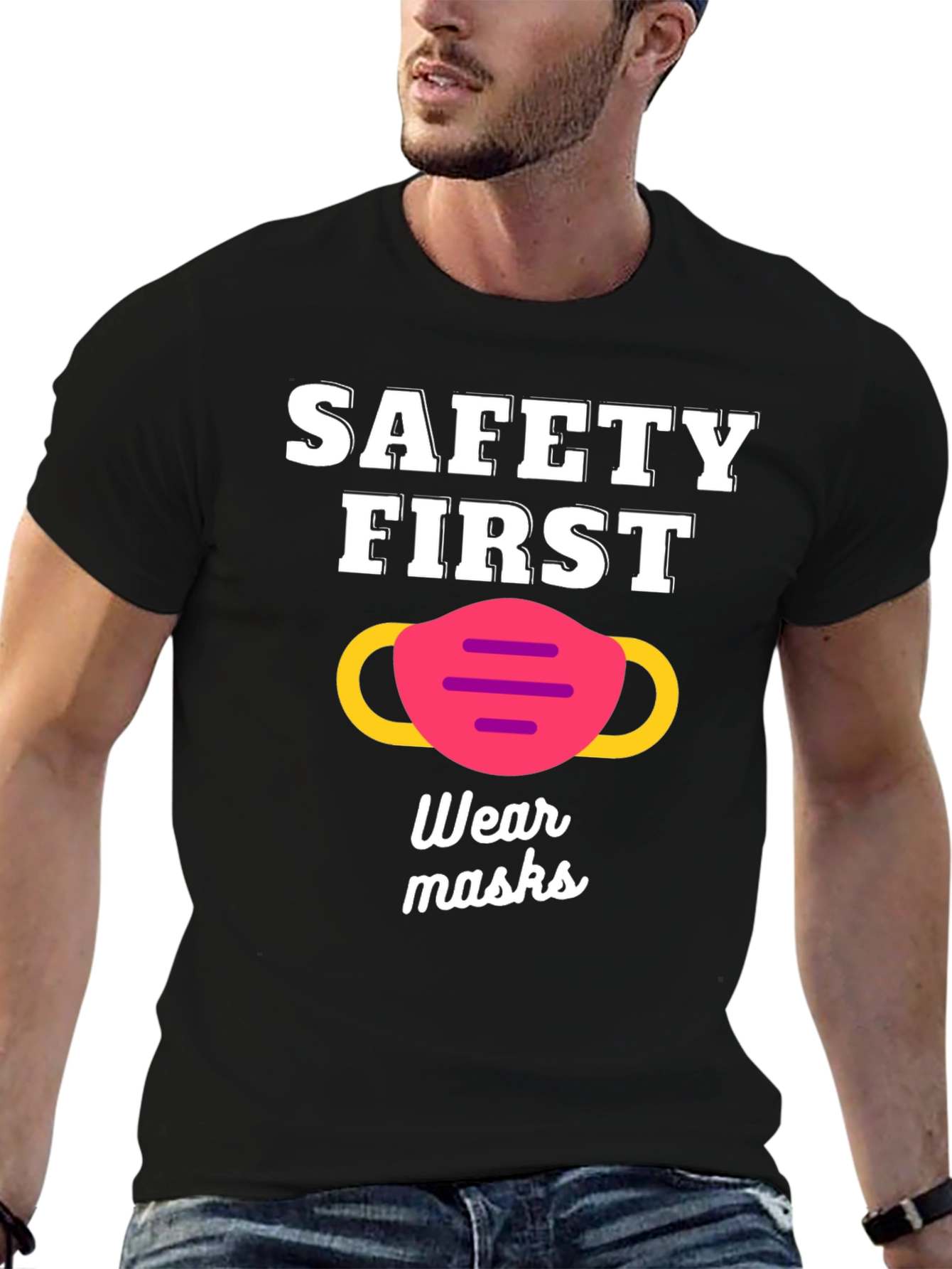Black Safety First Wear Masks Graphic Tee view 6