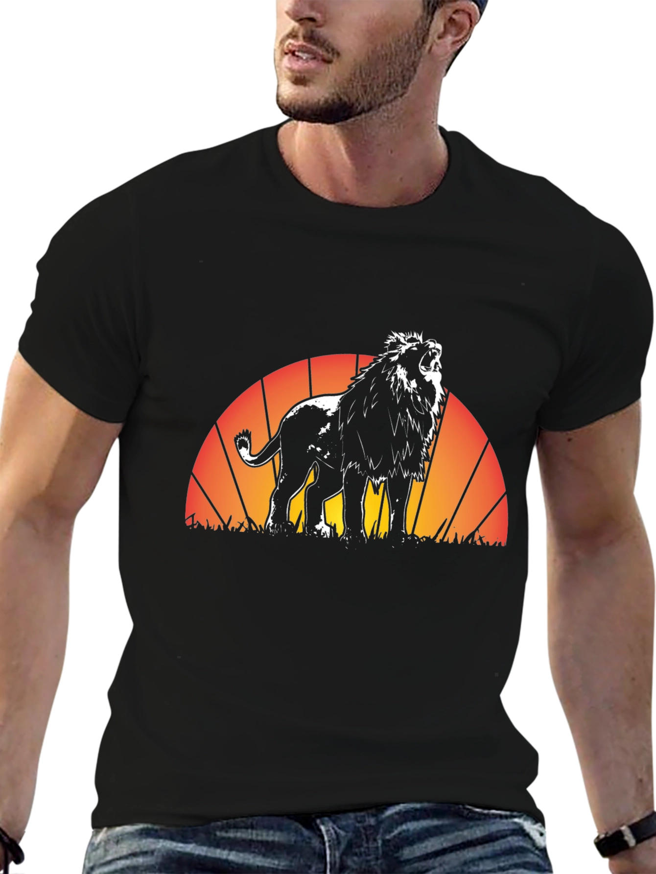 Black Lion Sunset Graphic Tee - Black Cotton T-Shirt view 6