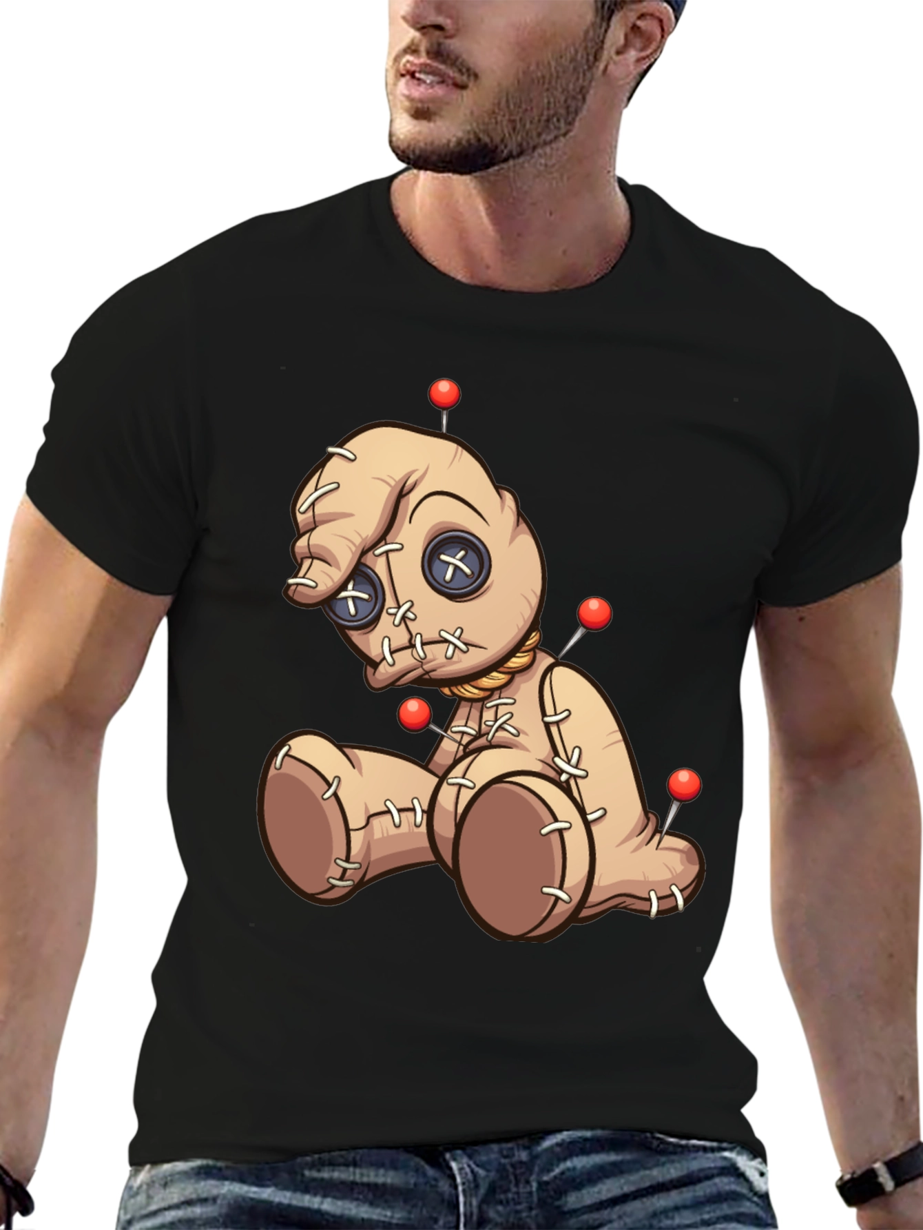 Black Voodoo Doll Graphic Print T-Shirt - Black view 6