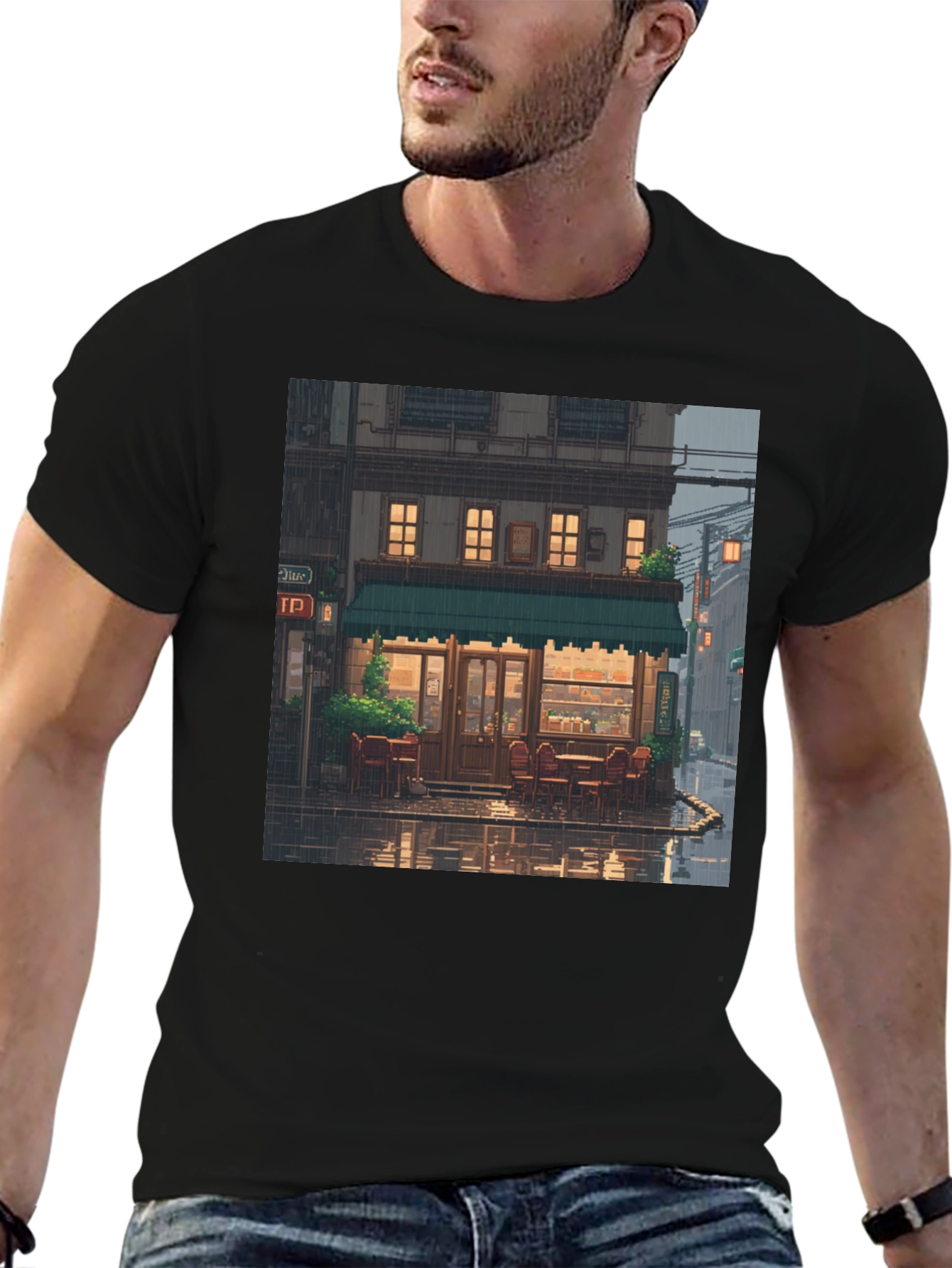 Black Rainy Day Cafe T-Shirt view 6